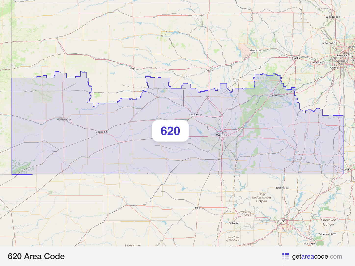 Map of the 620 area code service region around Hutchinson, KS