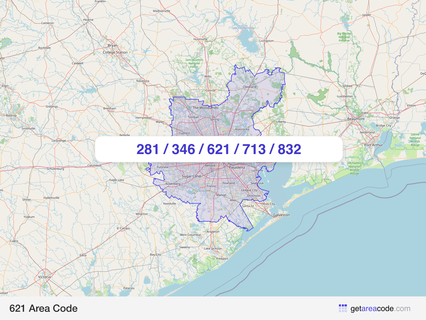 Map of the 621 area code service region around Houston, TX