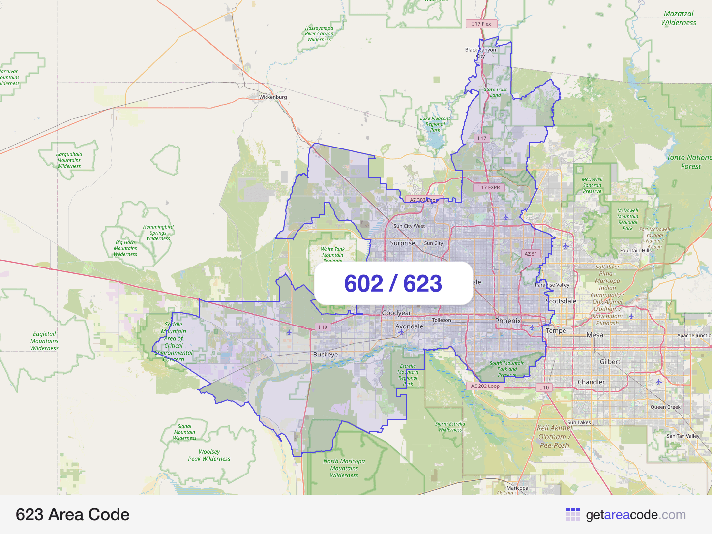 Map of the 623 area code service region around Phoenix, AZ