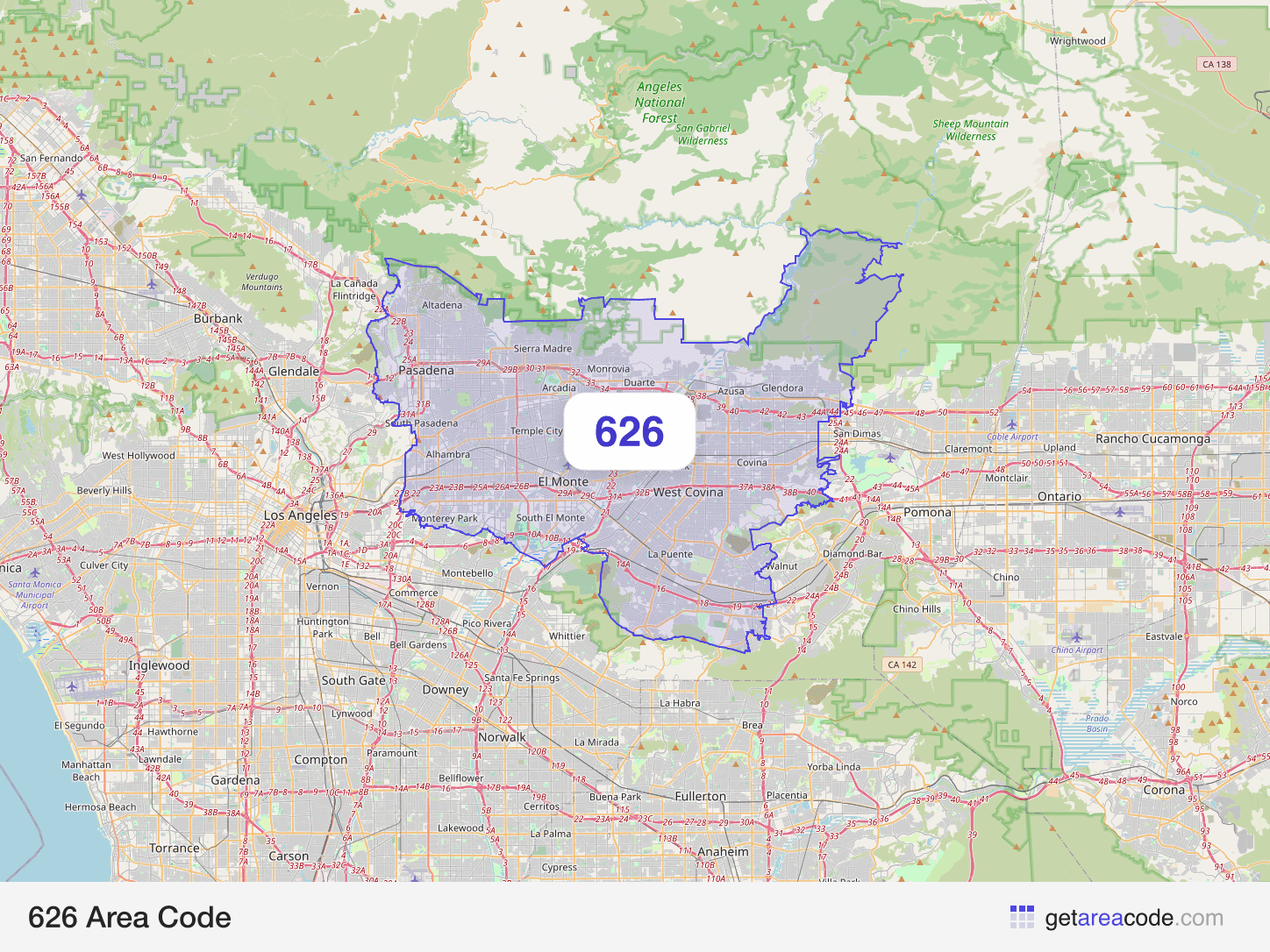 Map of the 626 area code service region around Pasadena, CA