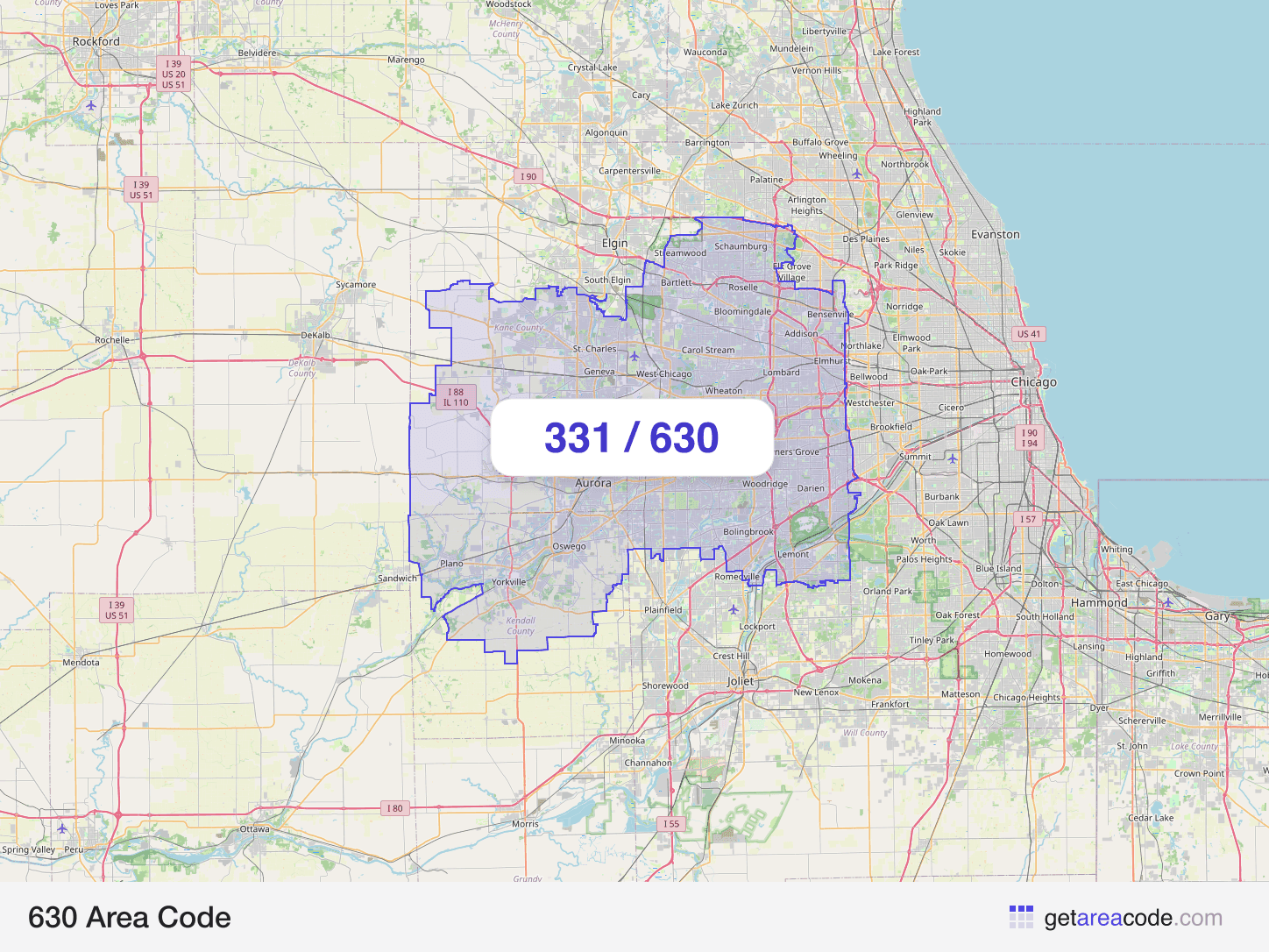 Map of the 630 area code service region around Aurora, IL