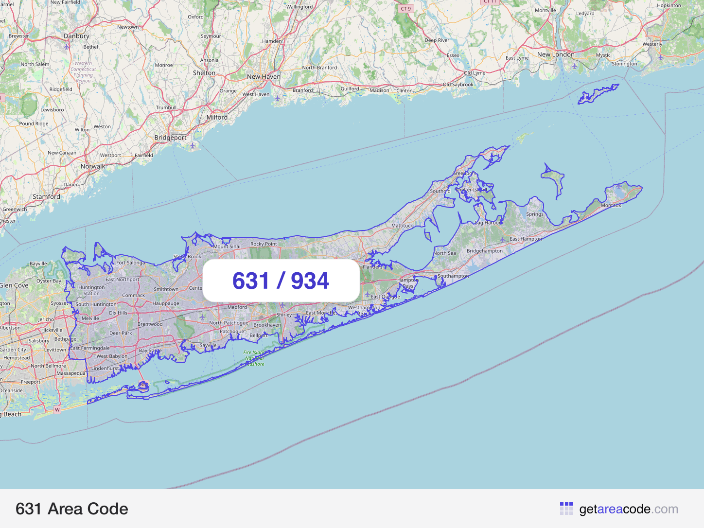 Map of the 631 area code service region around Brentwood, NY
