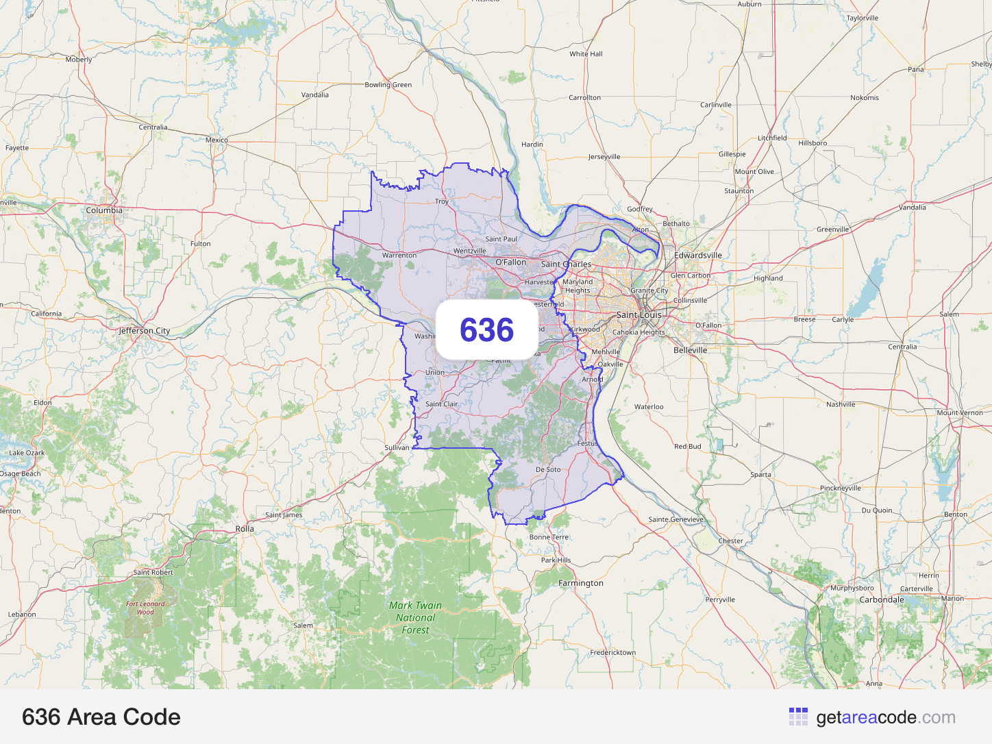 Map of the 636 area code service region around O'Fallon, MO