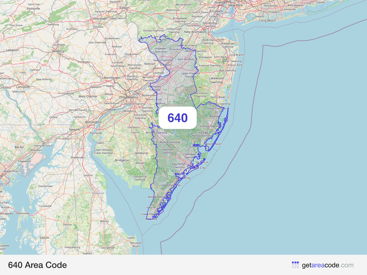 Map of the 640 area code service region around Trenton, NJ