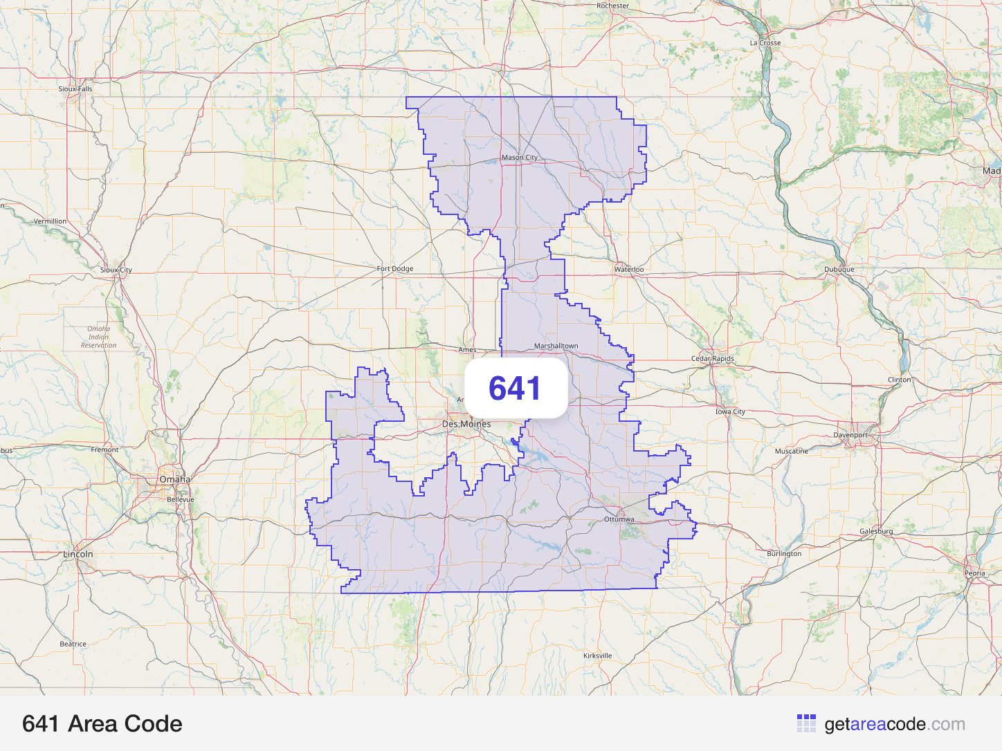 Map of the 641 area code service region around Mason City, IA