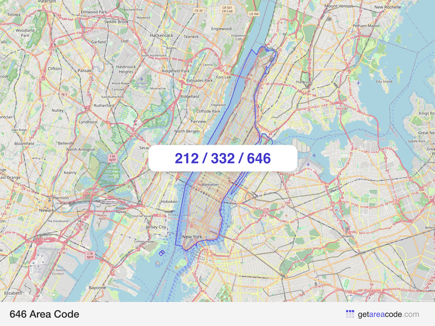 Map of the 646 area code service region around New York, NY