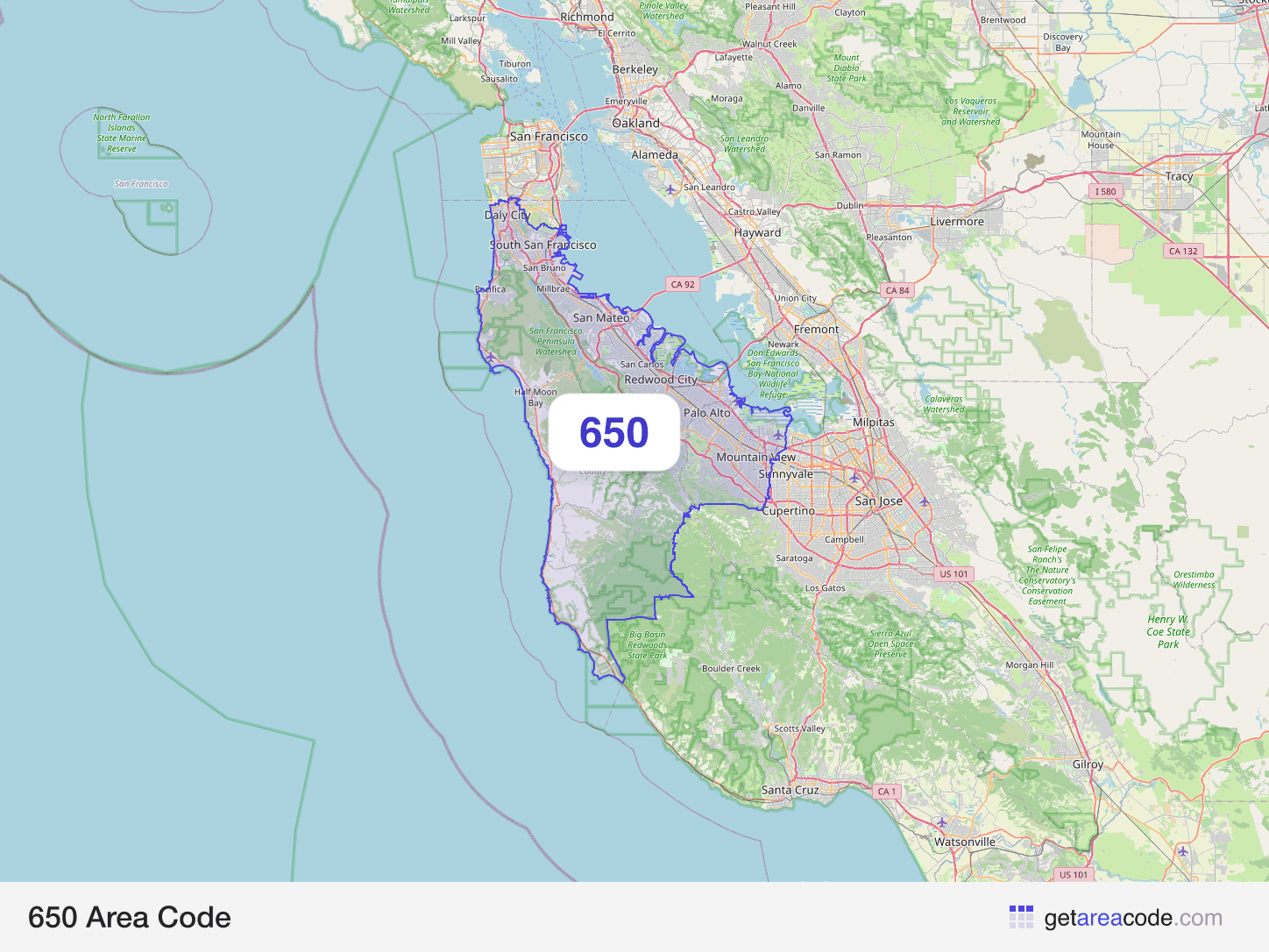 Map of the 650 area code service region around San Mateo, CA