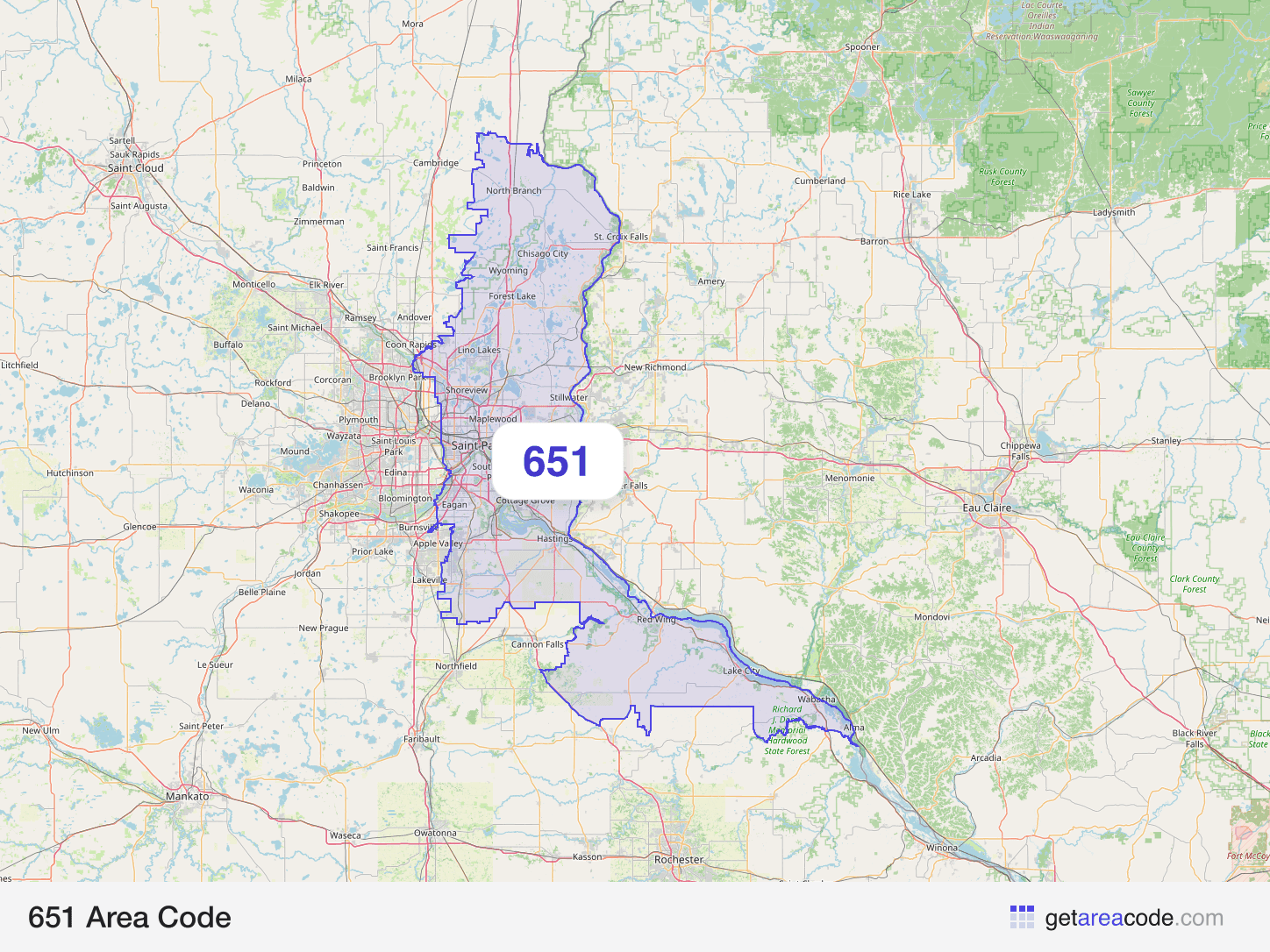 Map of the 651 area code service region around St. Paul, MN