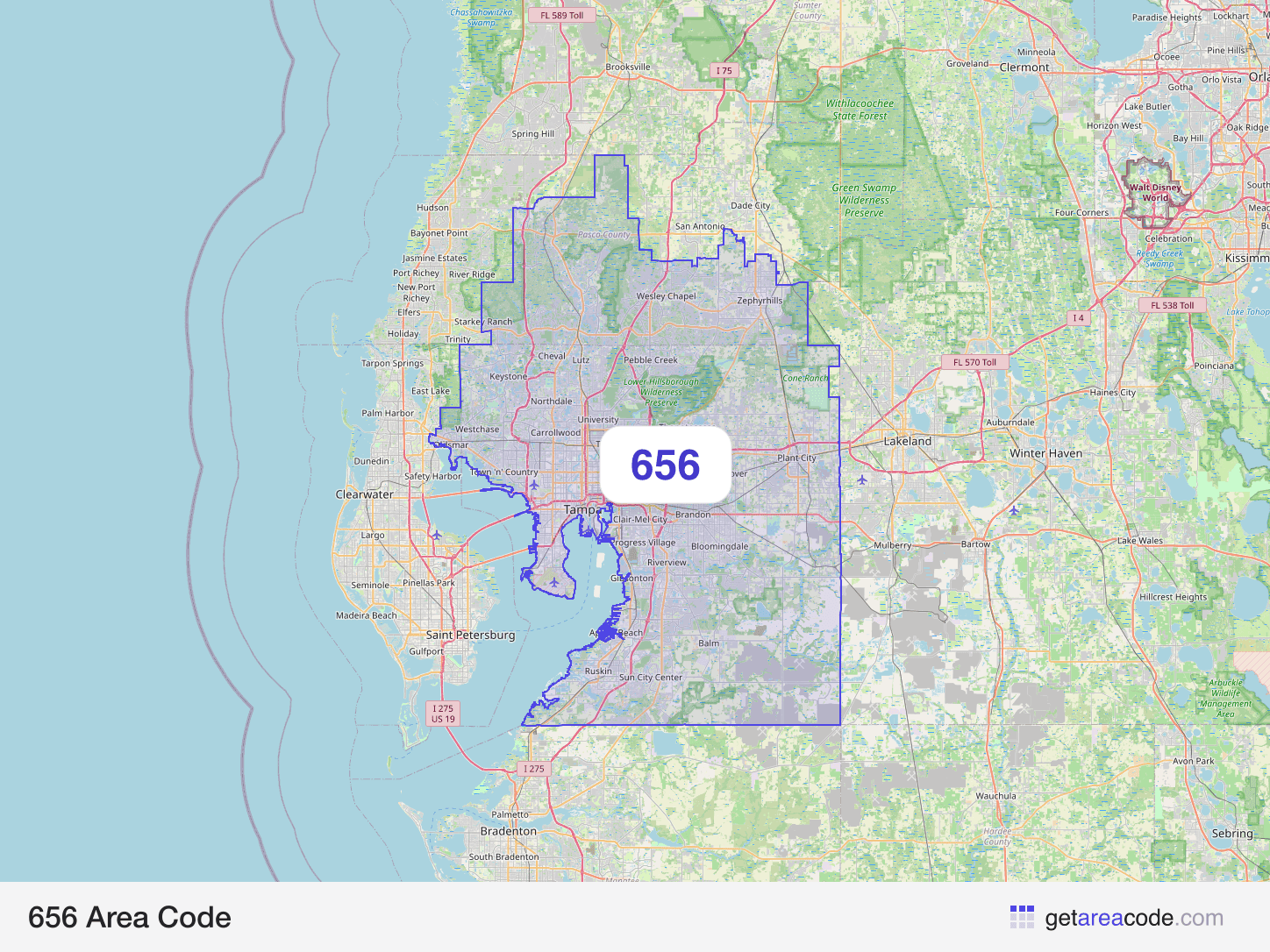 Map of the 656 area code service region around Tampa, FL