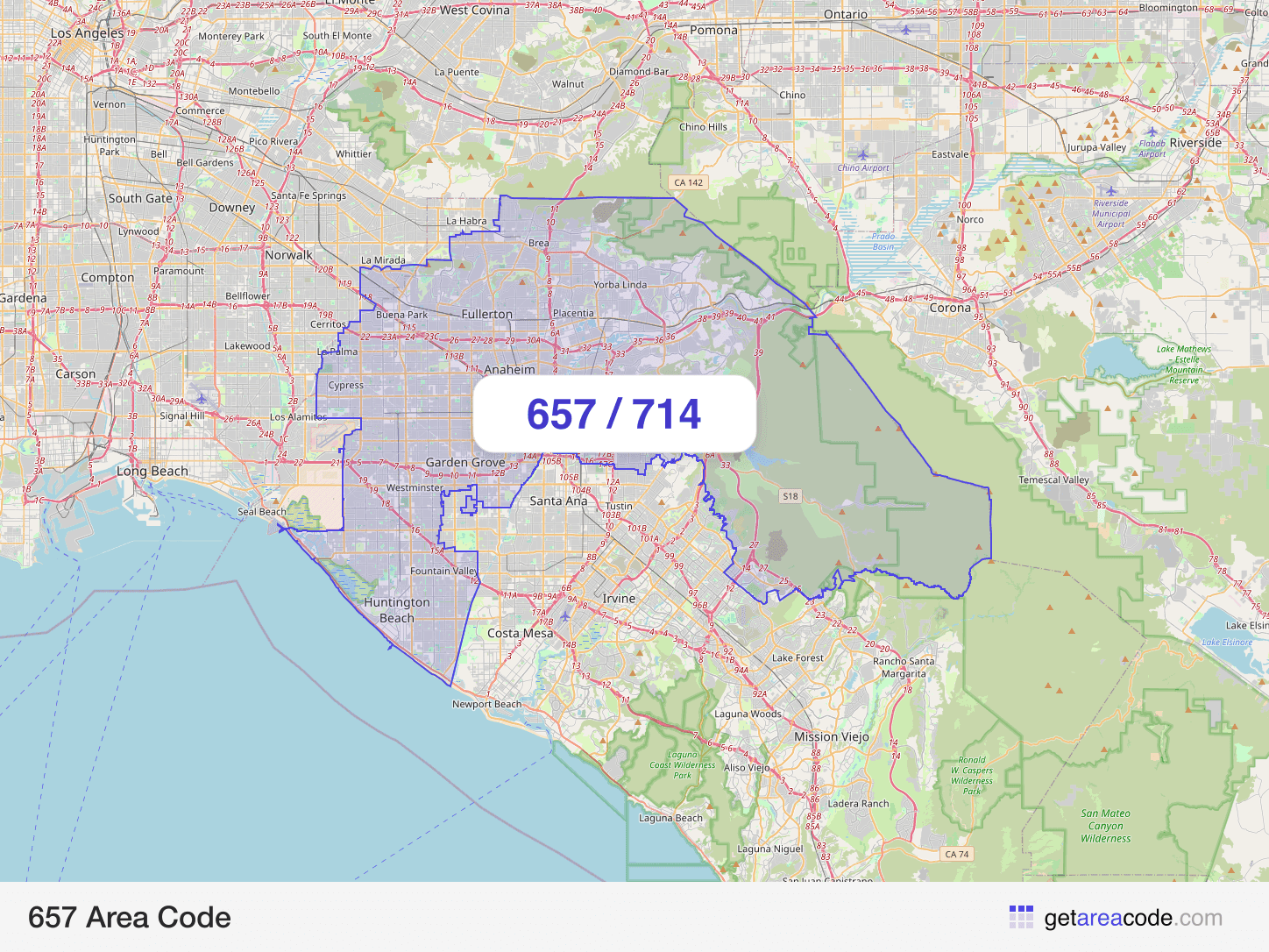 Map of the 657 area code service region around Anaheim, CA