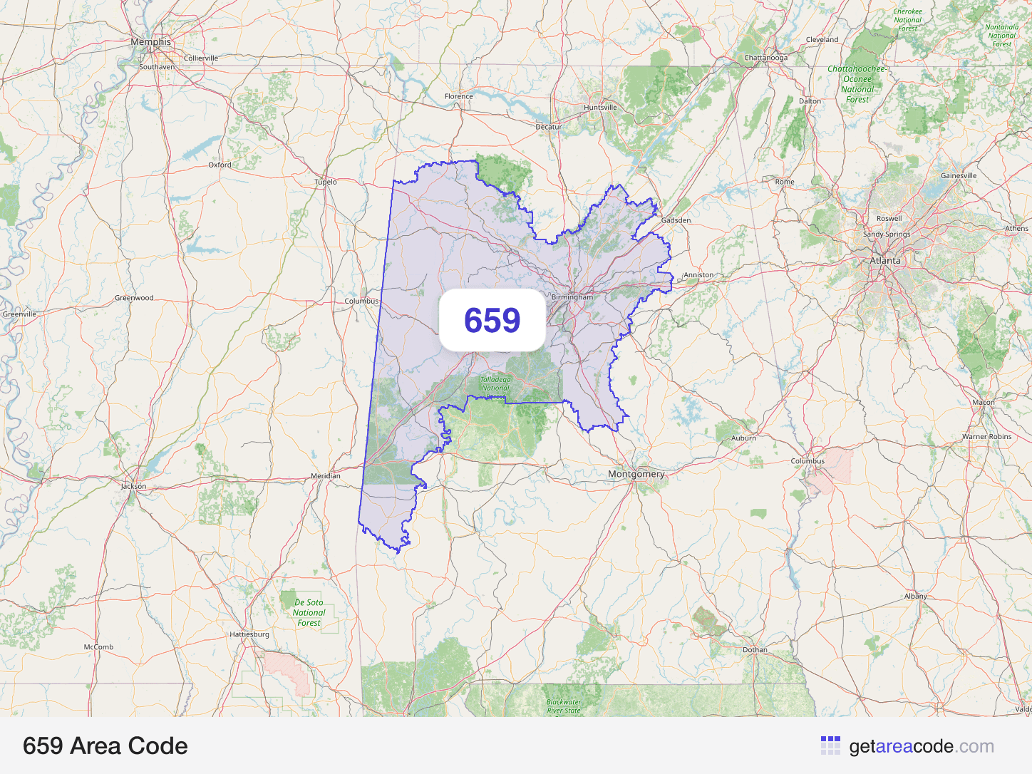 Map of the 659 area code service region around Birmingham, AL