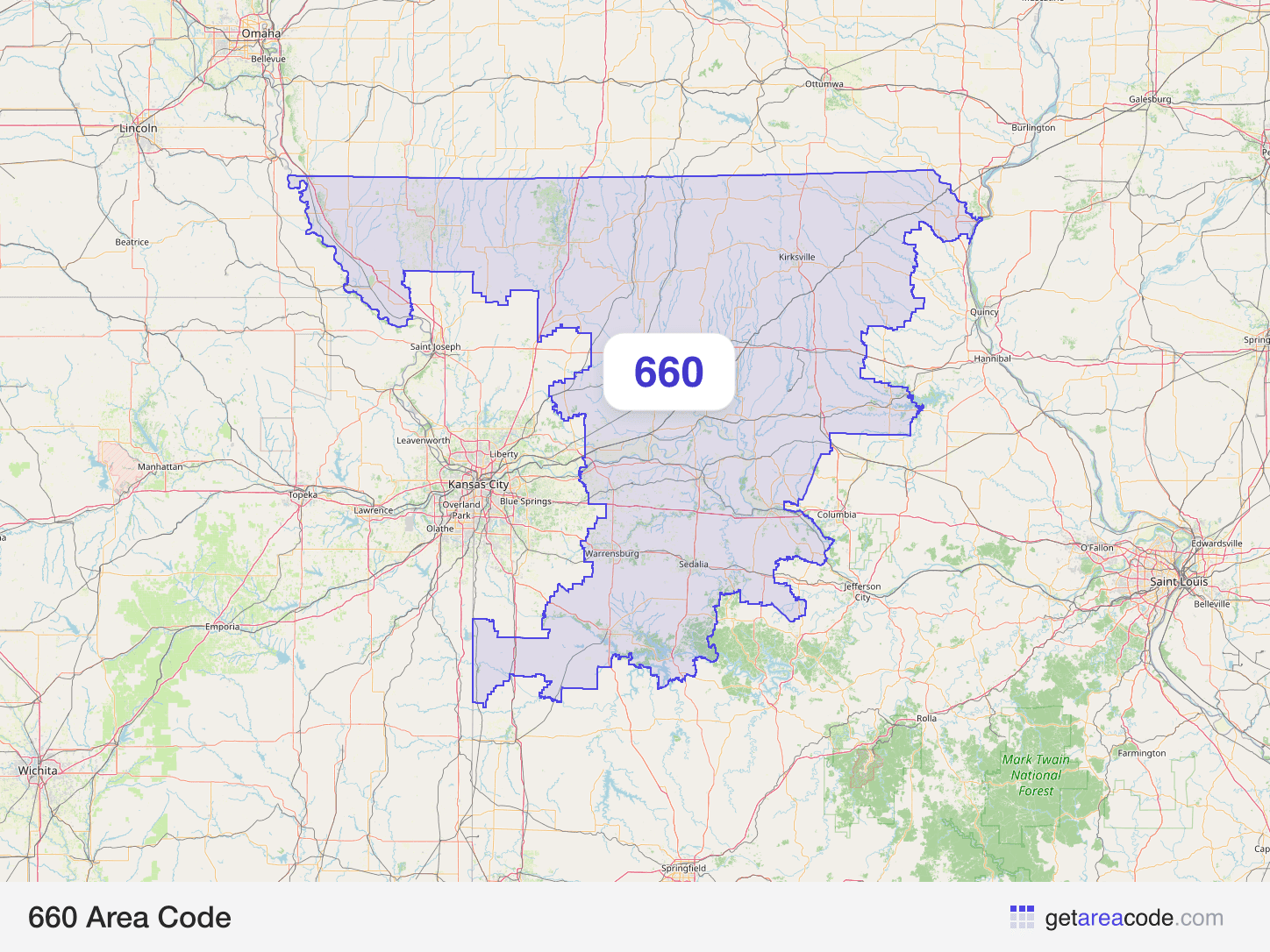 Map of the 660 area code service region around Sedalia, MO