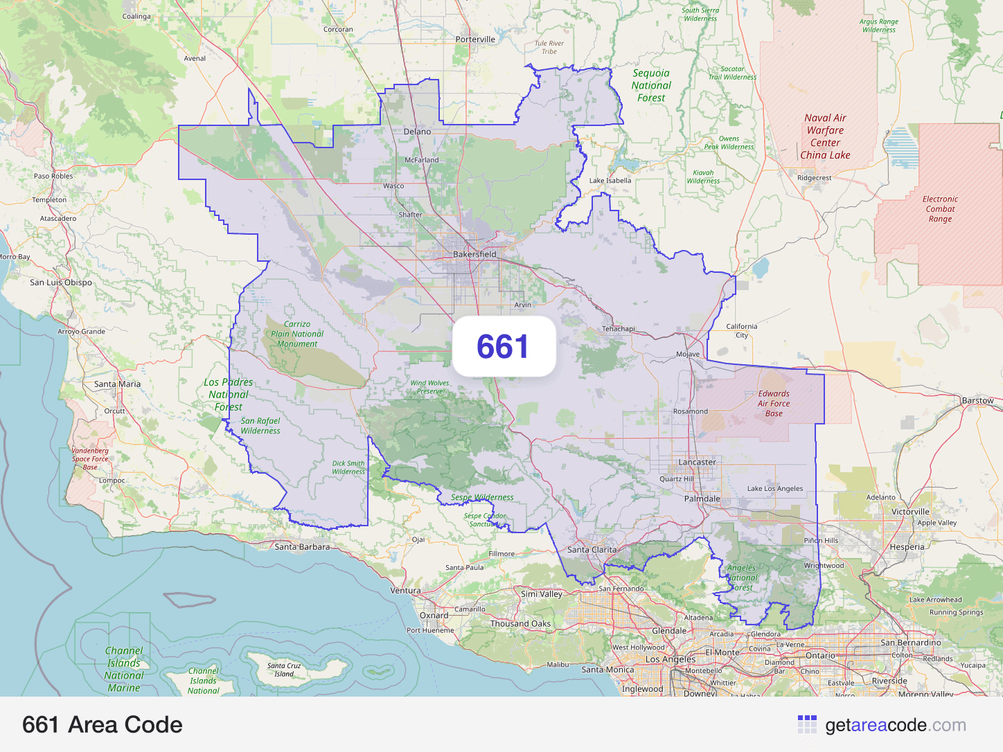 Map of the 661 area code service region around Bakersfield, CA