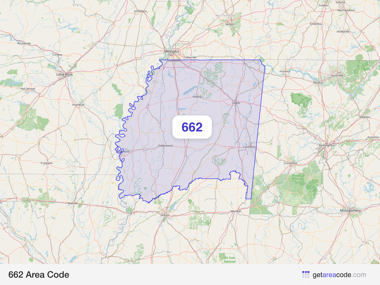 Map of the 662 area code service region around Southaven, MS