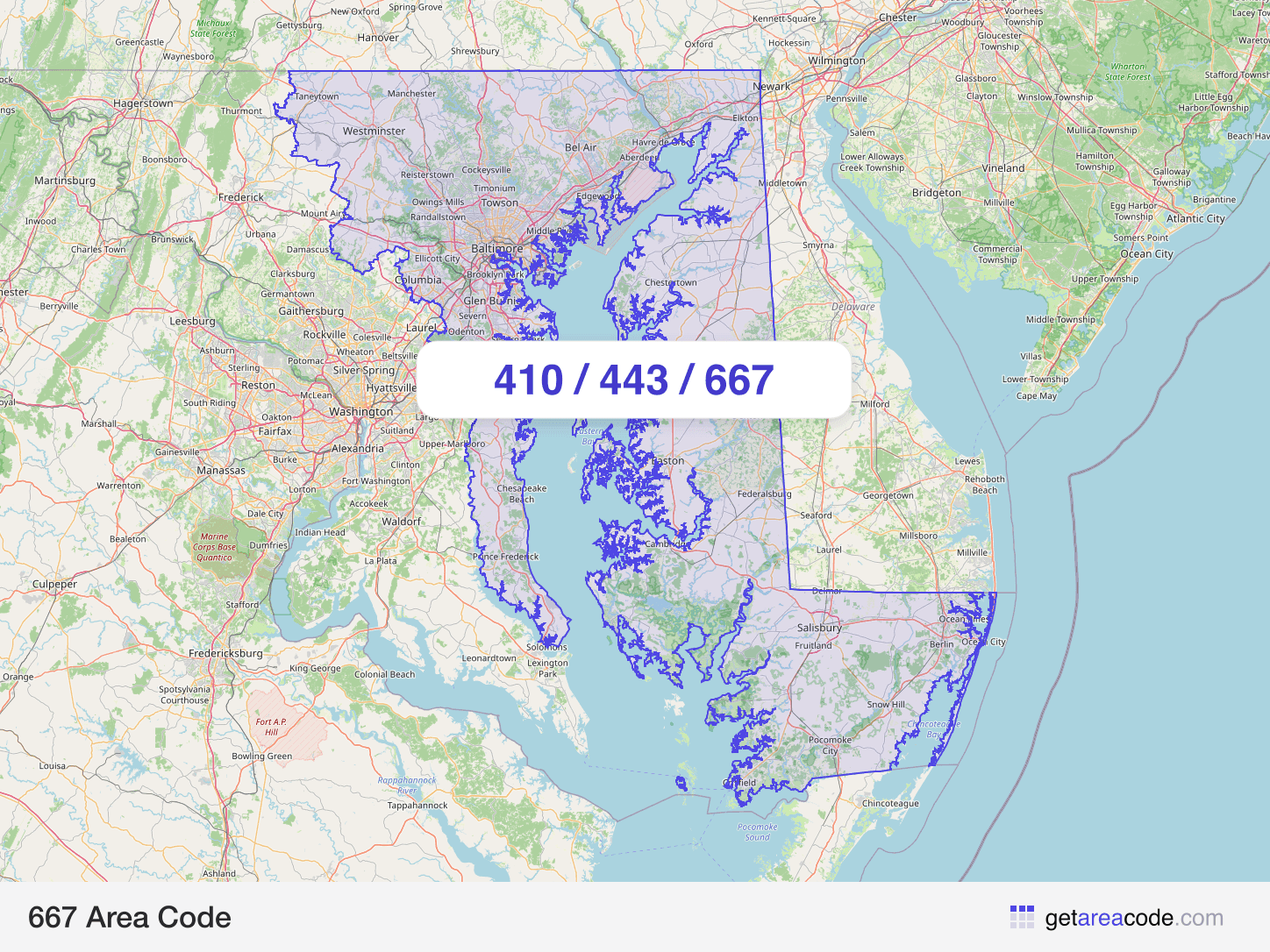 Map of the 667 area code service region around Baltimore, MD