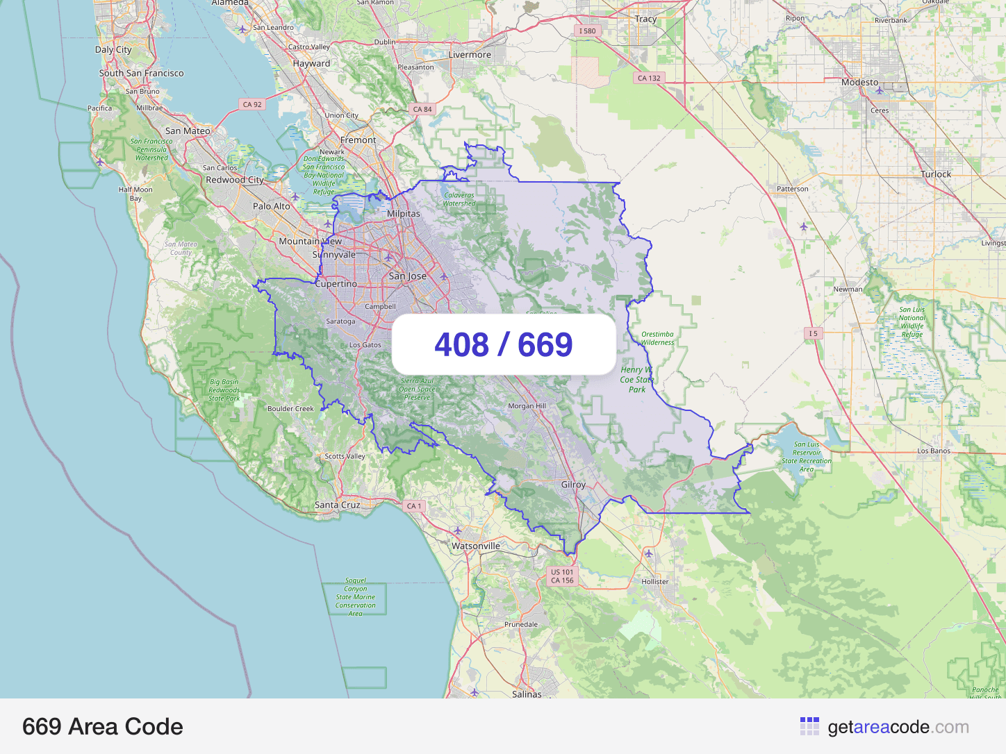 Map of the 669 area code service region around San Jose, CA