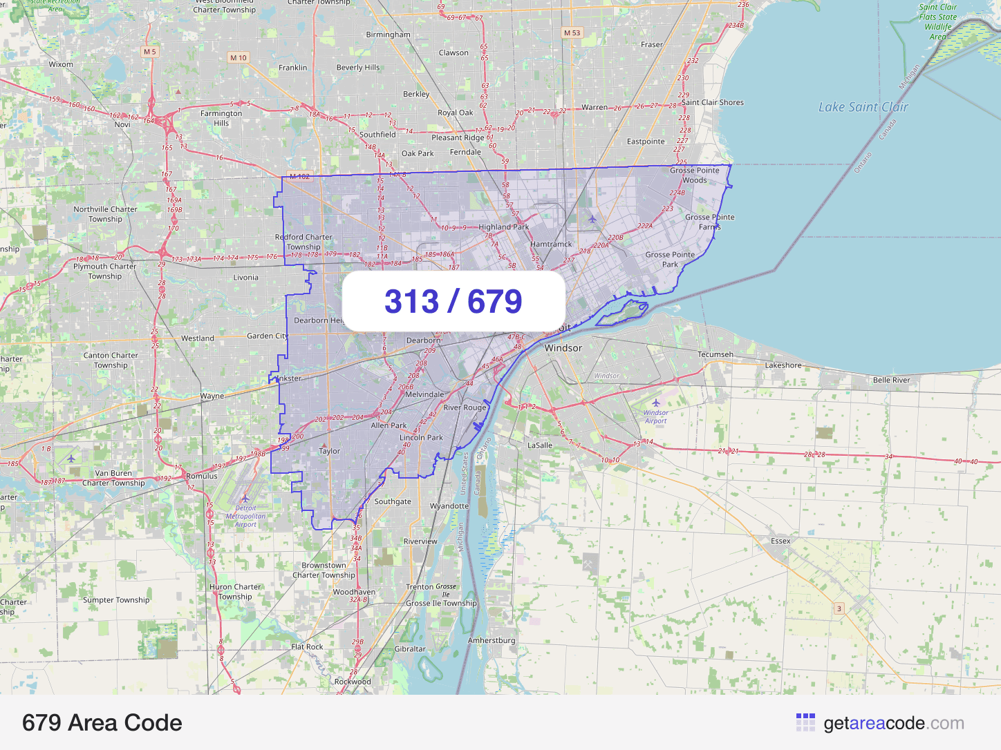 Map of the 679 area code service region around Detroit, MI