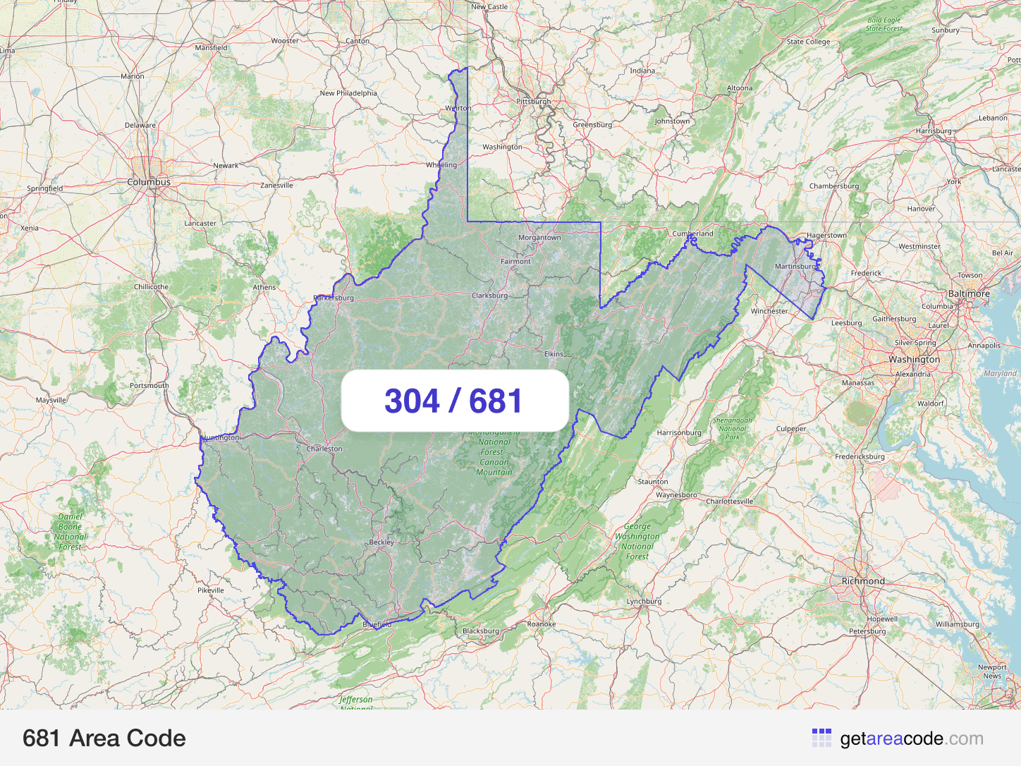 Map of the 681 area code service region around Charleston, WV
