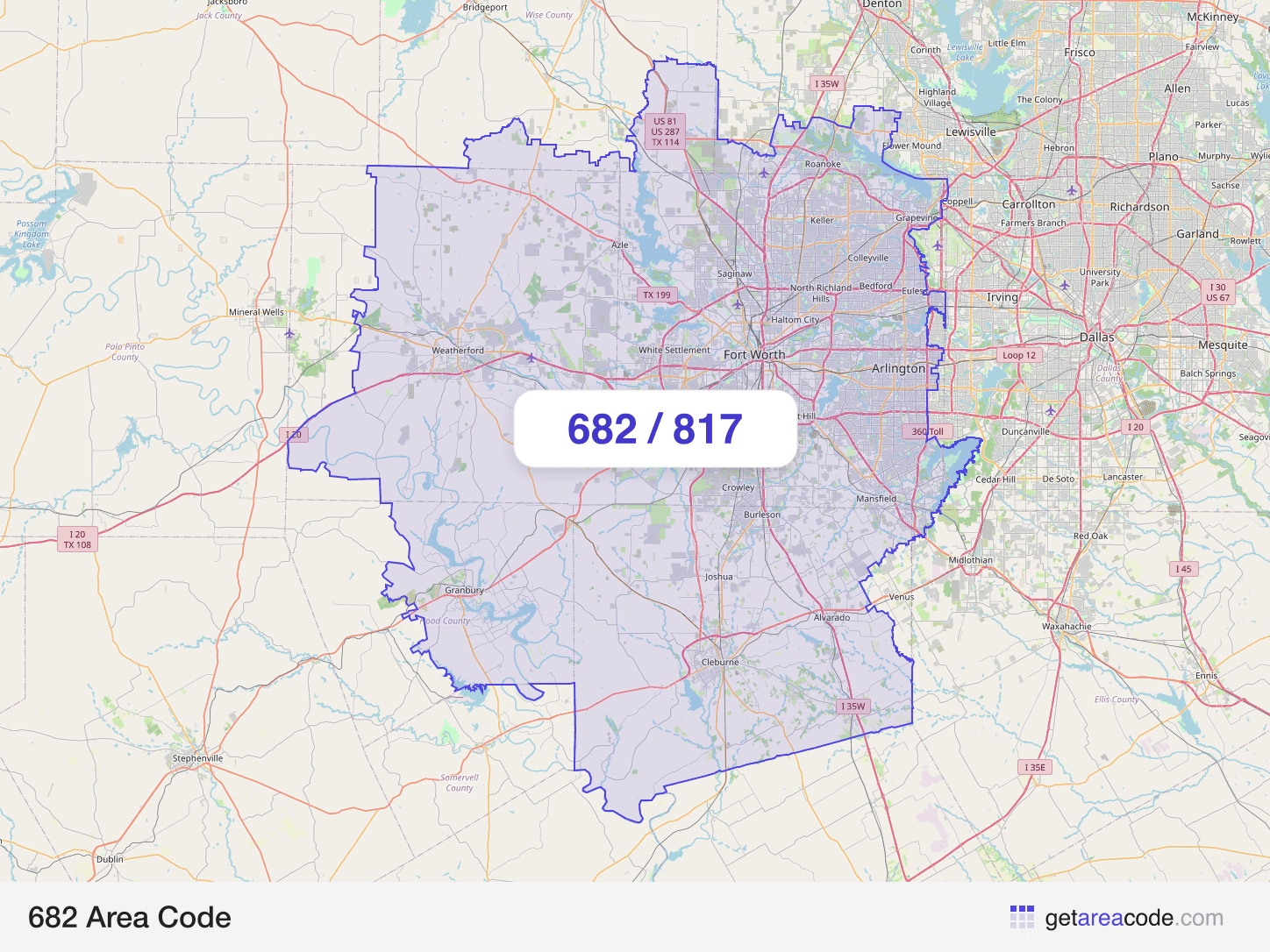 Map of the 682 area code service region around Fort Worth, TX