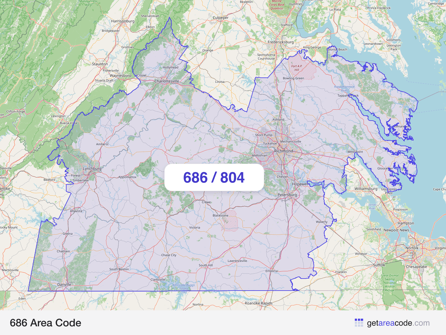 Map of the 686 area code service region around Richmond, VA