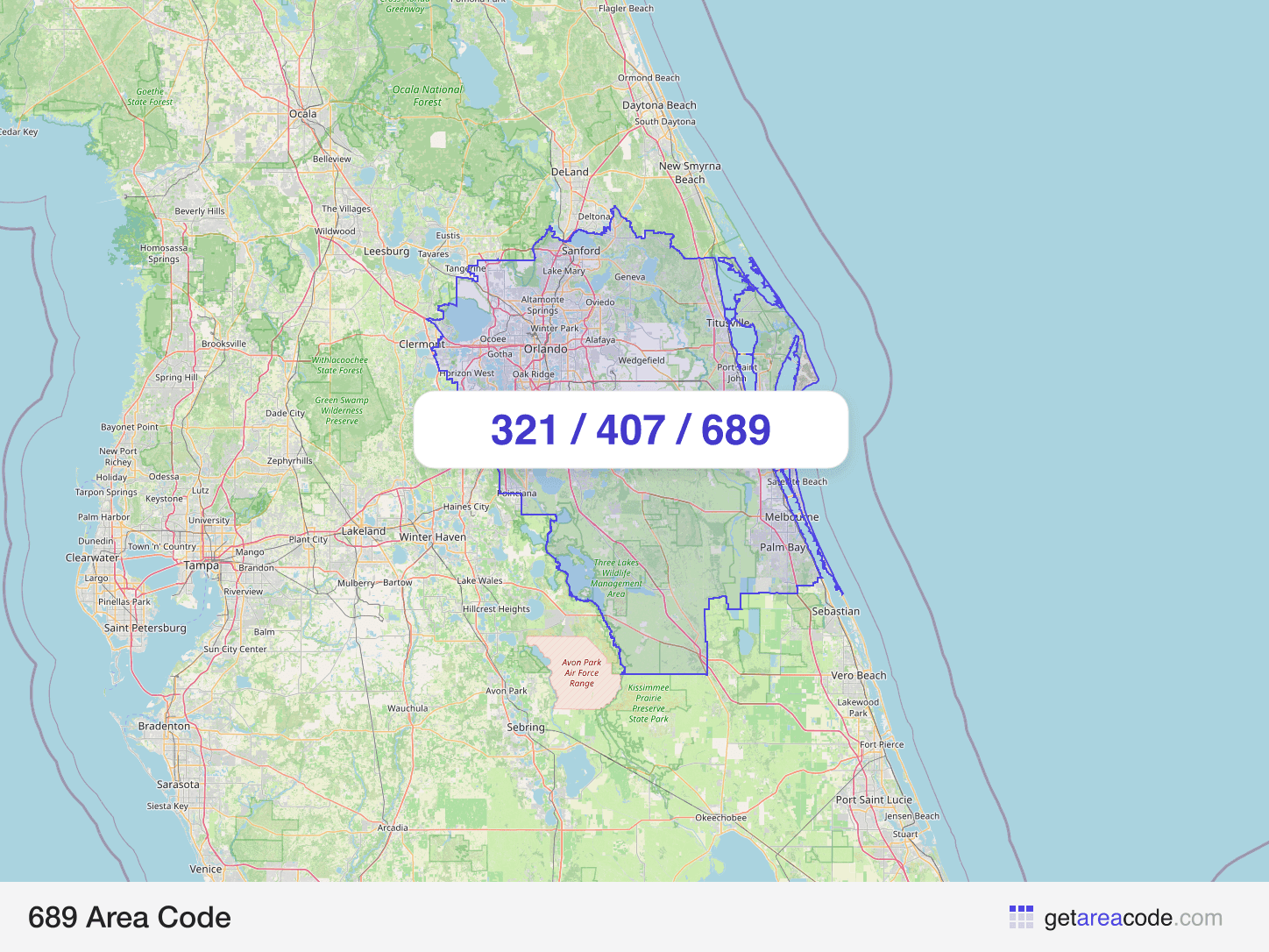 Map of the 689 area code service region around Orlando, FL
