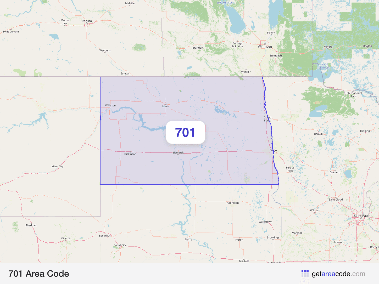 Map of the 701 area code service region around Fargo, ND