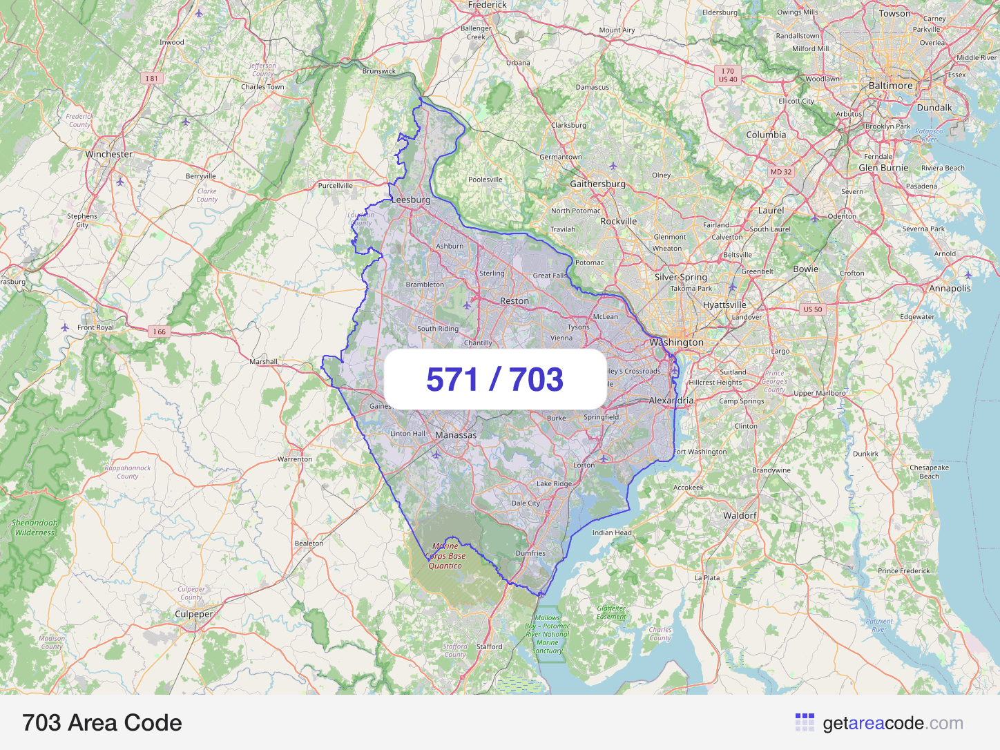 Map of the 703 area code service region around Arlington, VA