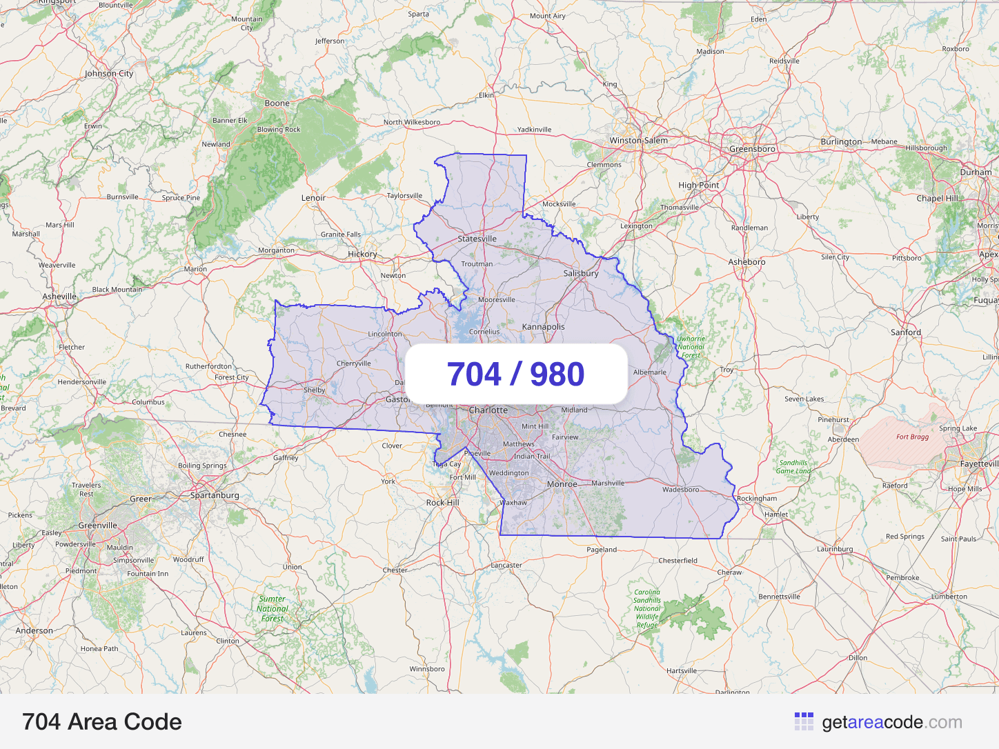 Map of the 704 area code service region around Charlotte, NC