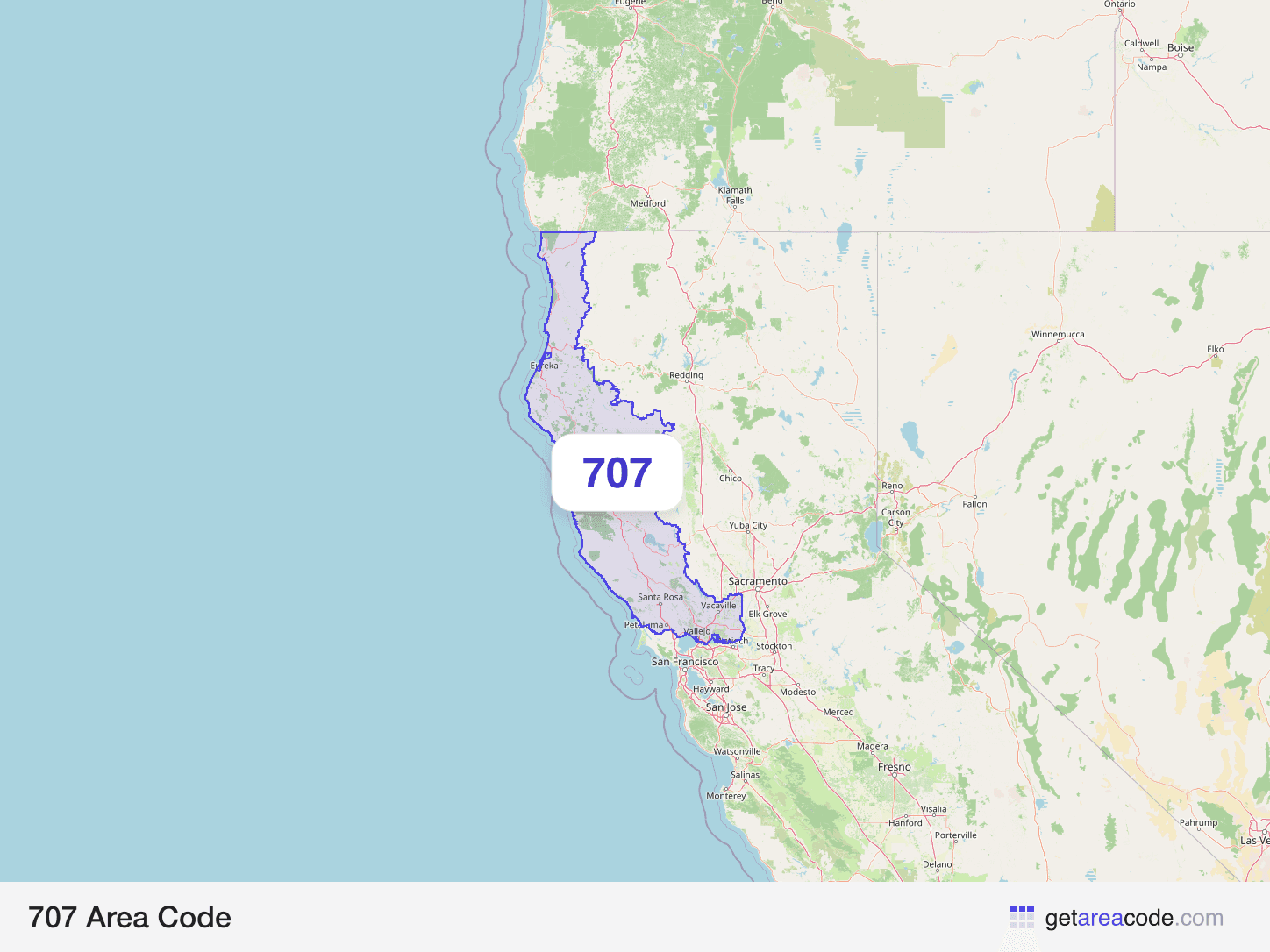 Map of the 707 area code service region around Santa Rosa, CA