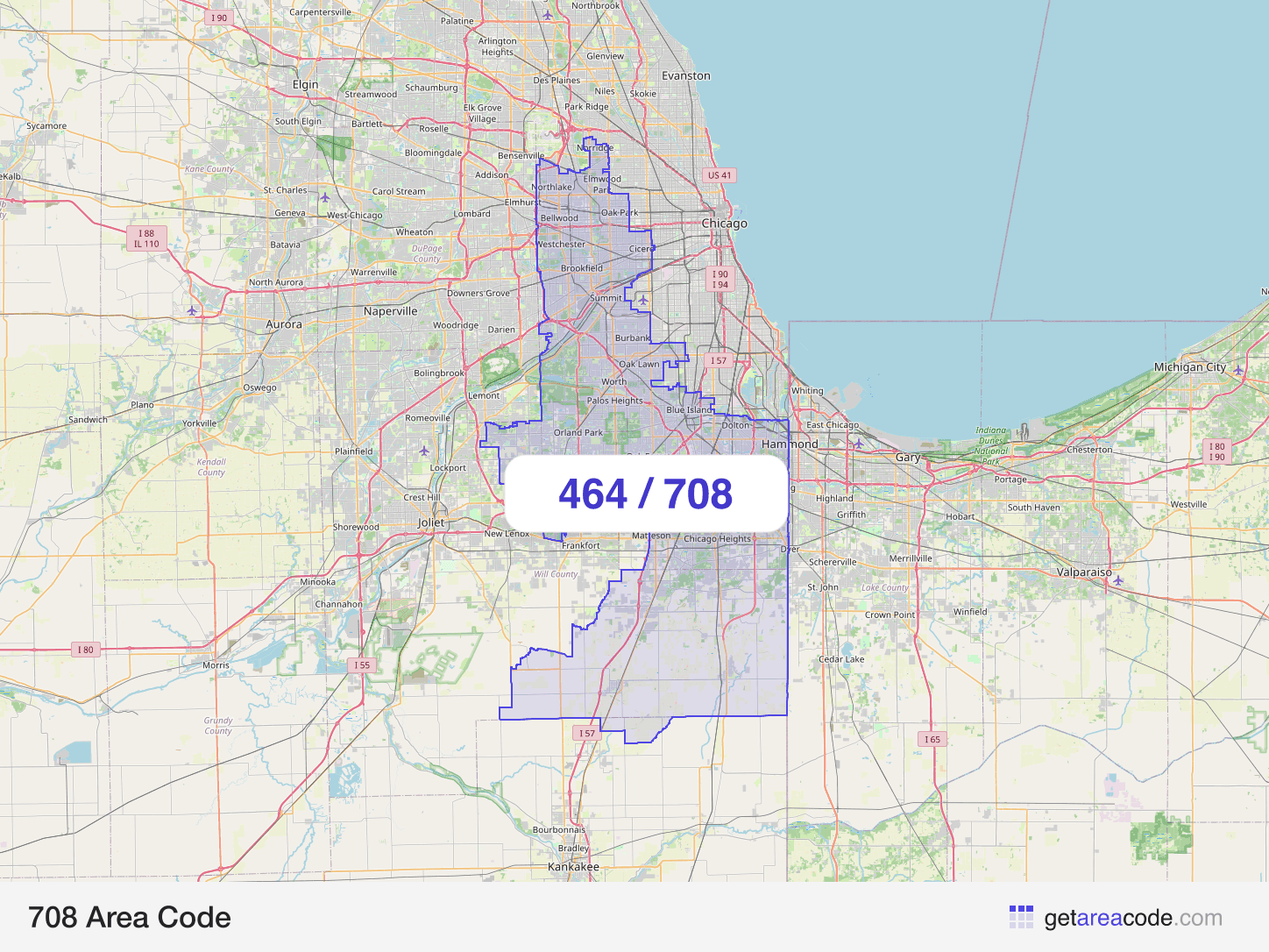Map of the 708 area code service region around Cicero, IL