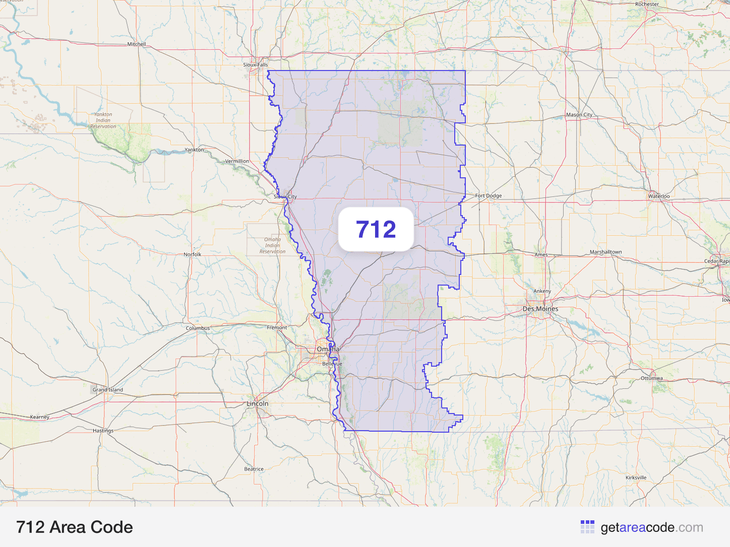 Map of the 712 area code service region around Sioux City, IA