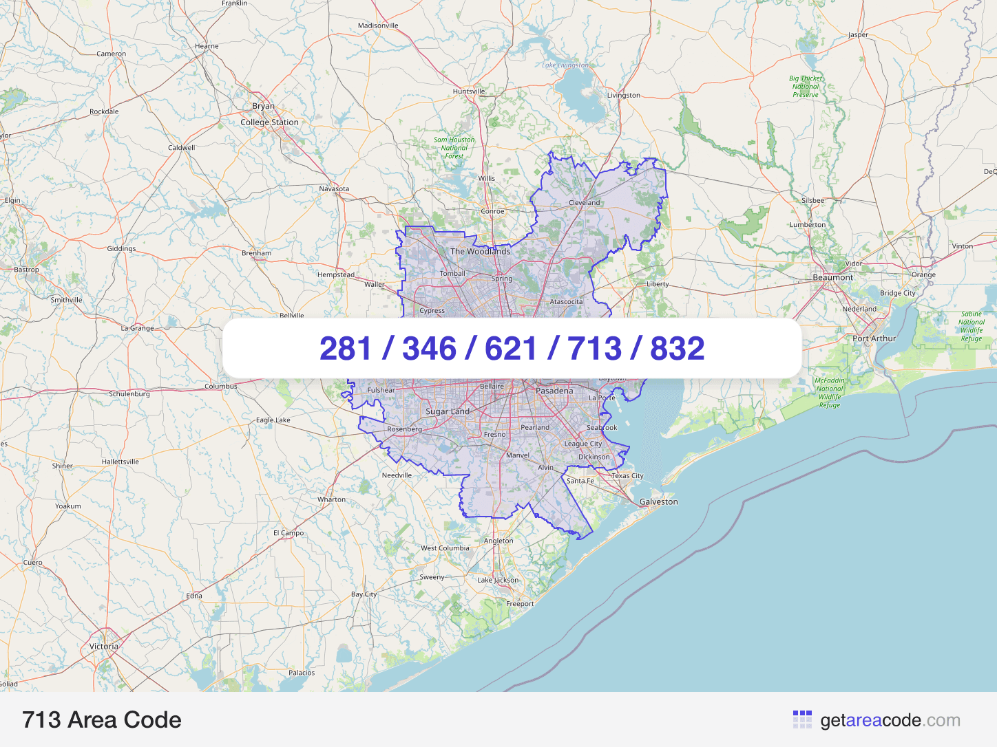 Map of the 713 area code service region around Houston, TX