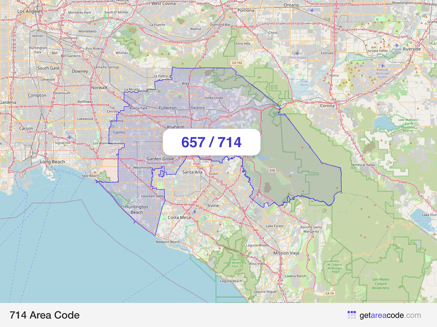 Map of the 714 area code service region around Anaheim, CA