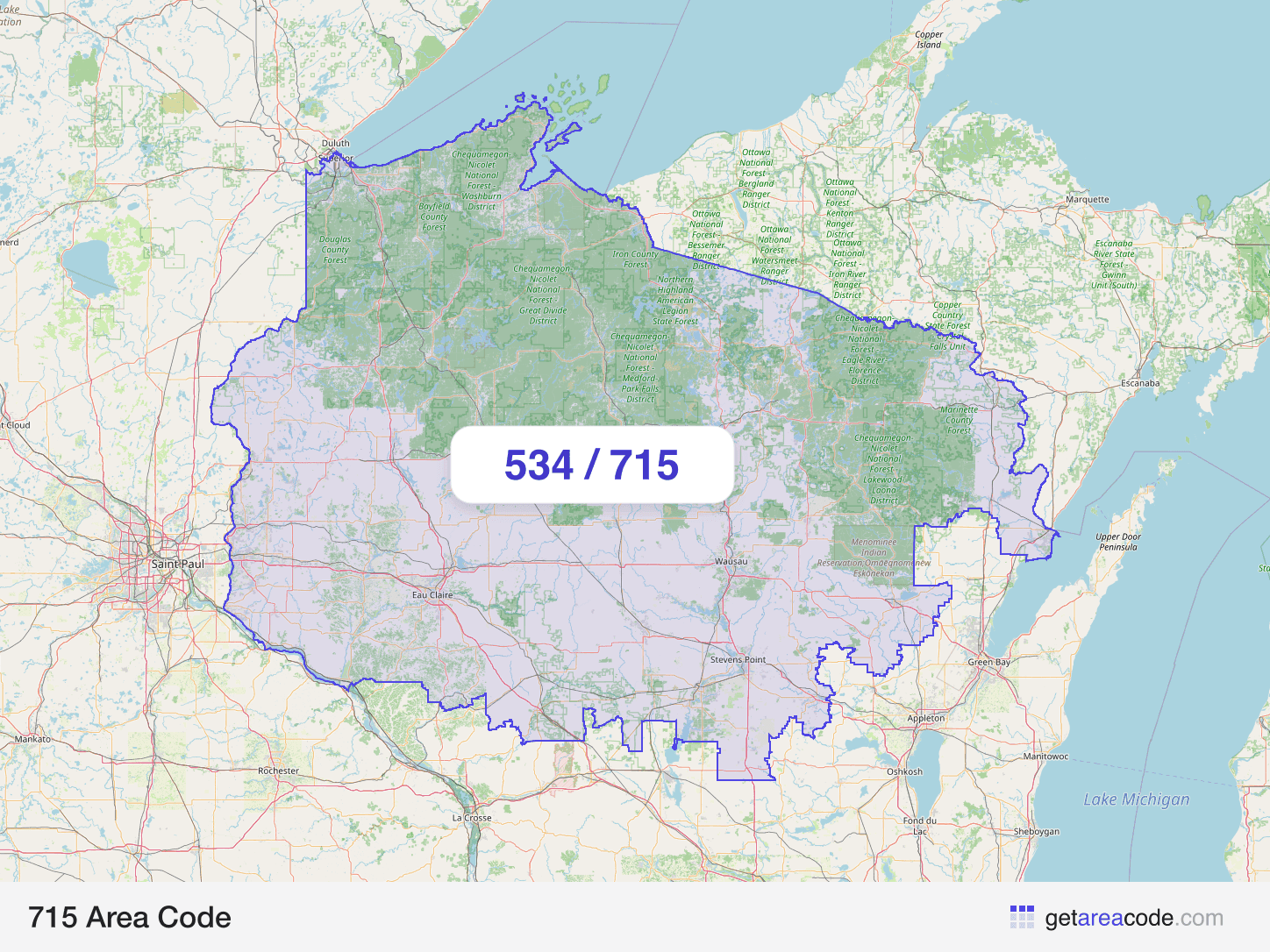 Map of the 715 area code service region around Eau Claire, WI
