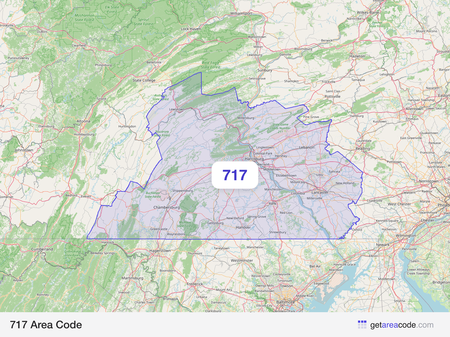 Map of the 717 area code service region around Lancaster, PA