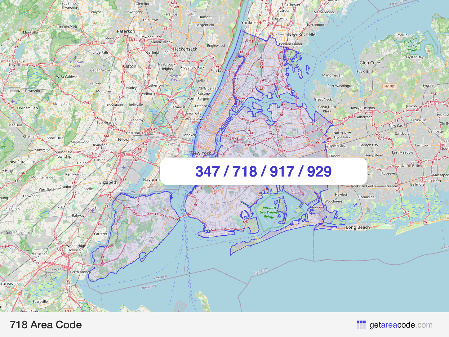 Map of the 718 area code service region around New York, NY
