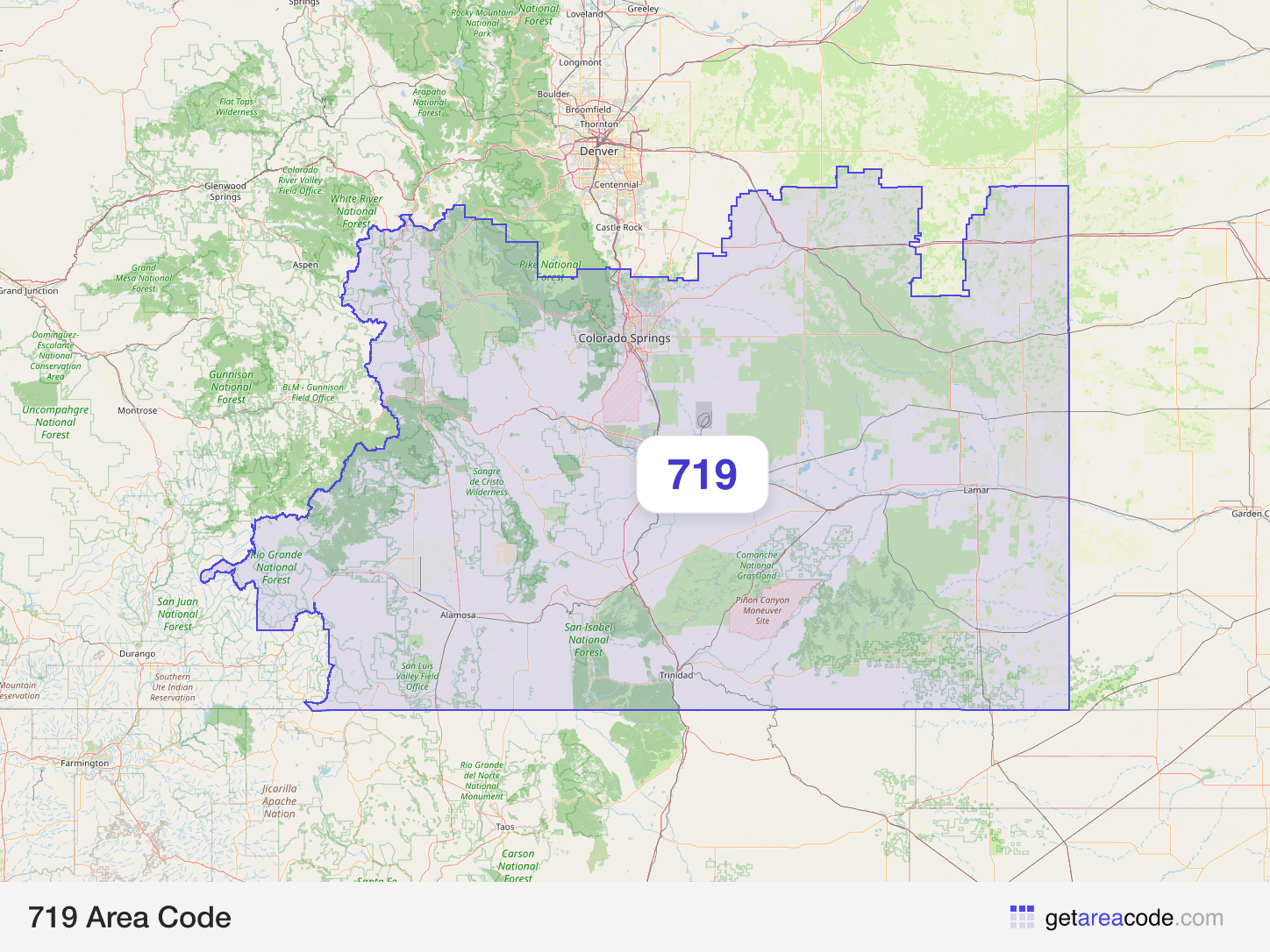 Map of the 719 area code service region around Colorado Springs, CO