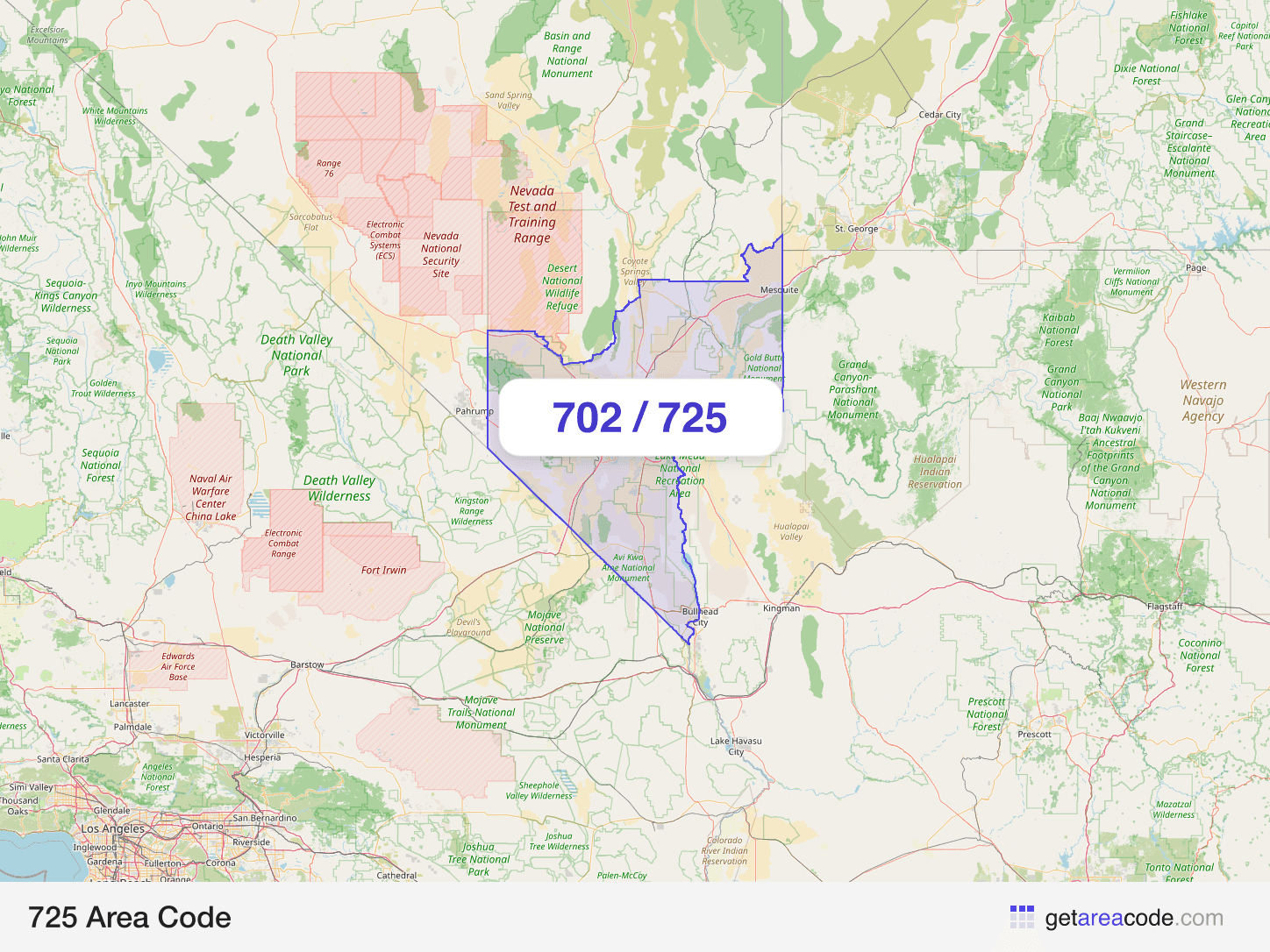 Map of the 725 area code service region around Las Vegas, NV