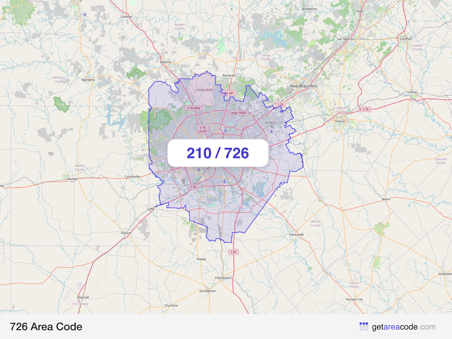 Map of the 726 area code service region around San Antonio, TX