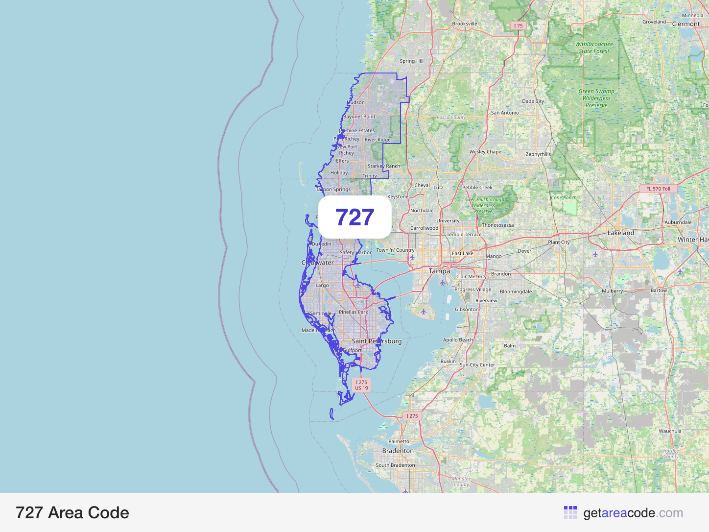 Map of the 727 area code service region around St. Petersburg, FL