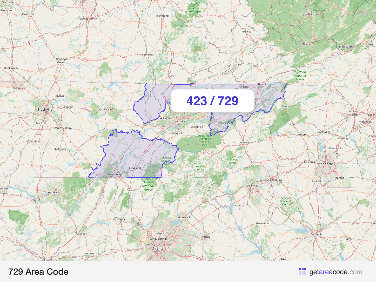 Map of the 729 area code service region around Chattanooga, TN