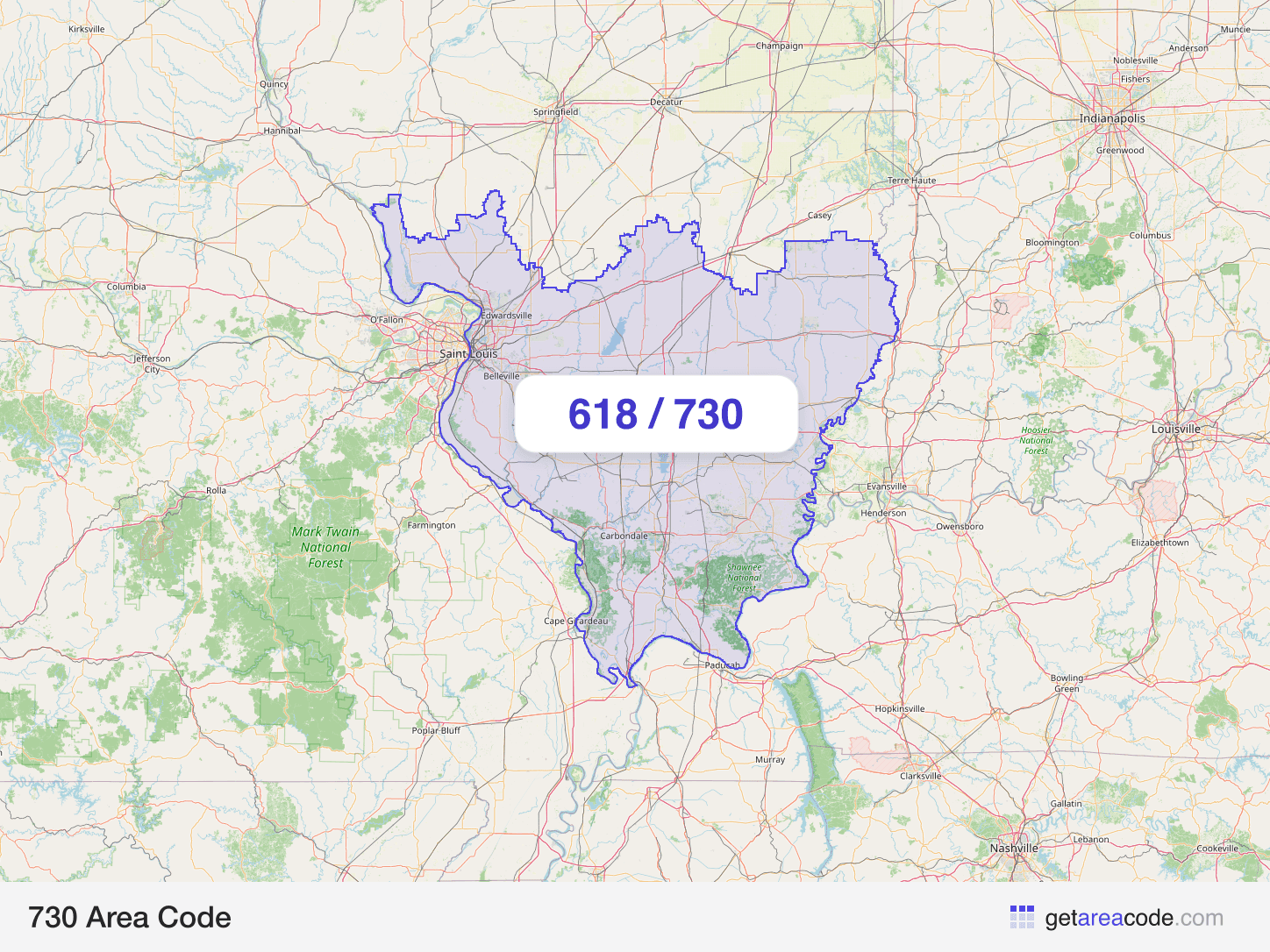 Map of the 730 area code service region around Belleville, IL