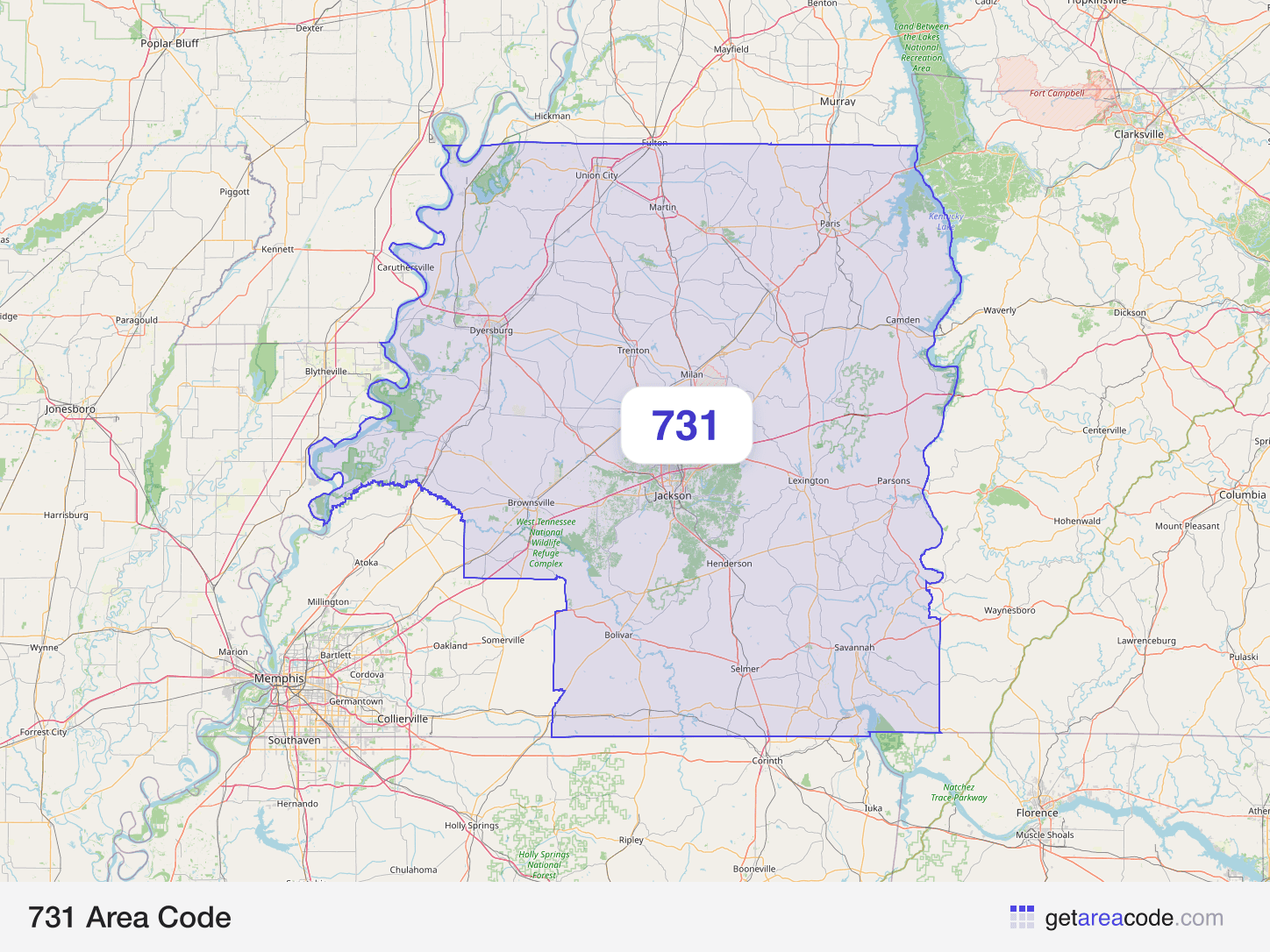Map of the 731 area code service region around Jackson, TN