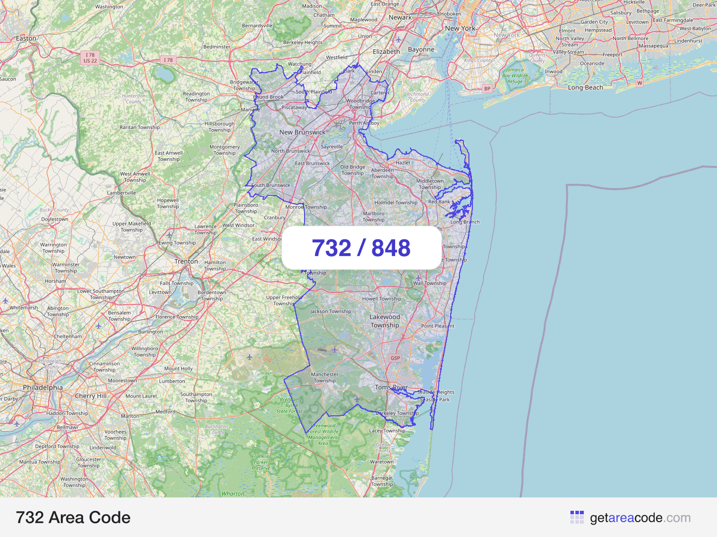 Map of the 732 area code service region around Toms River, NJ