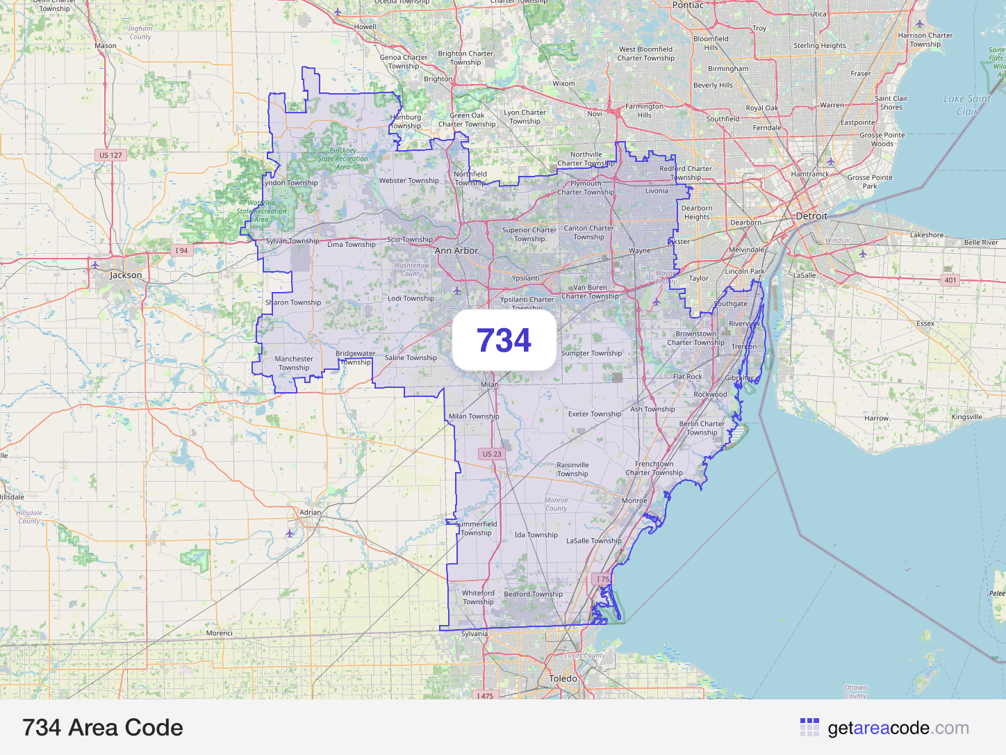 Map of the 734 area code service region around Ann Arbor, MI