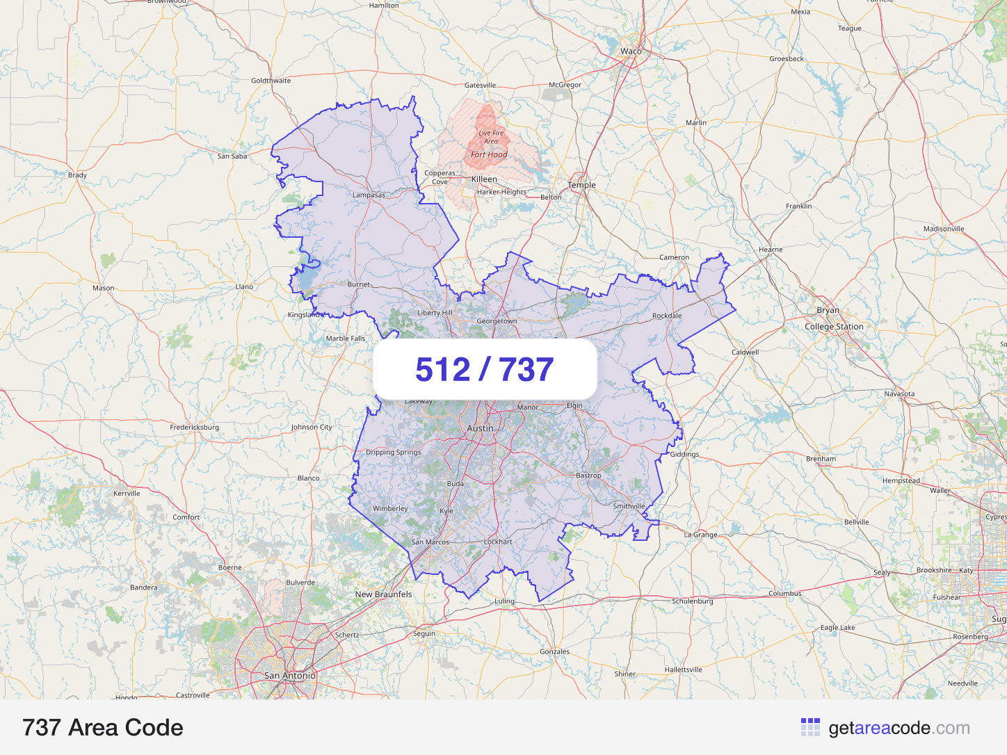 Map of the 737 area code service region around Austin, TX