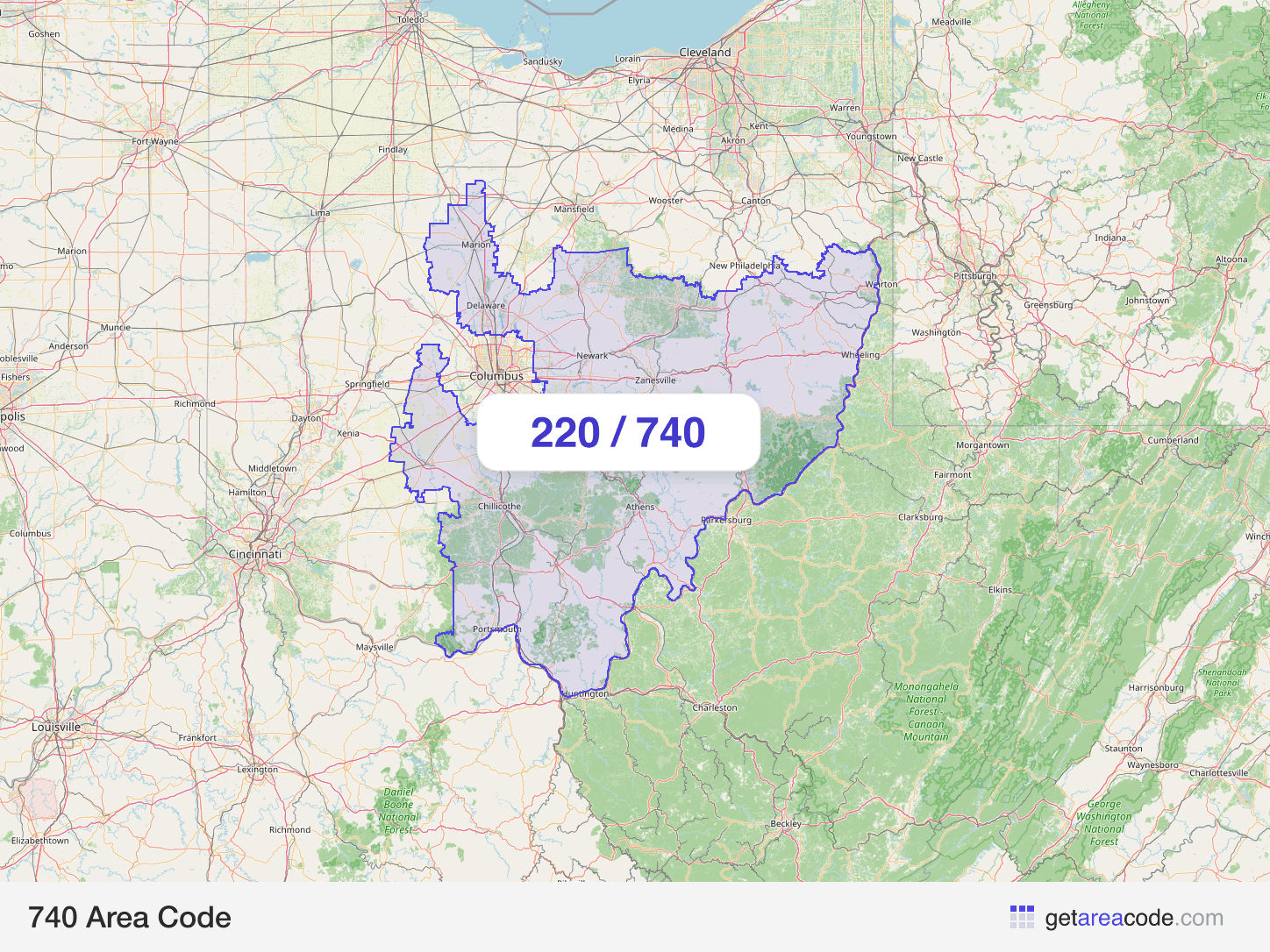 Map of the 740 area code service region around Newark, OH