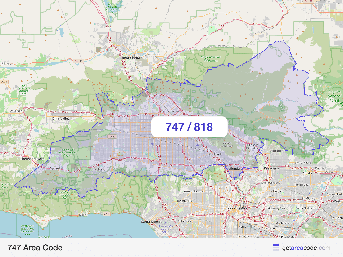 Map of the 747 area code service region around Los Angeles, CA