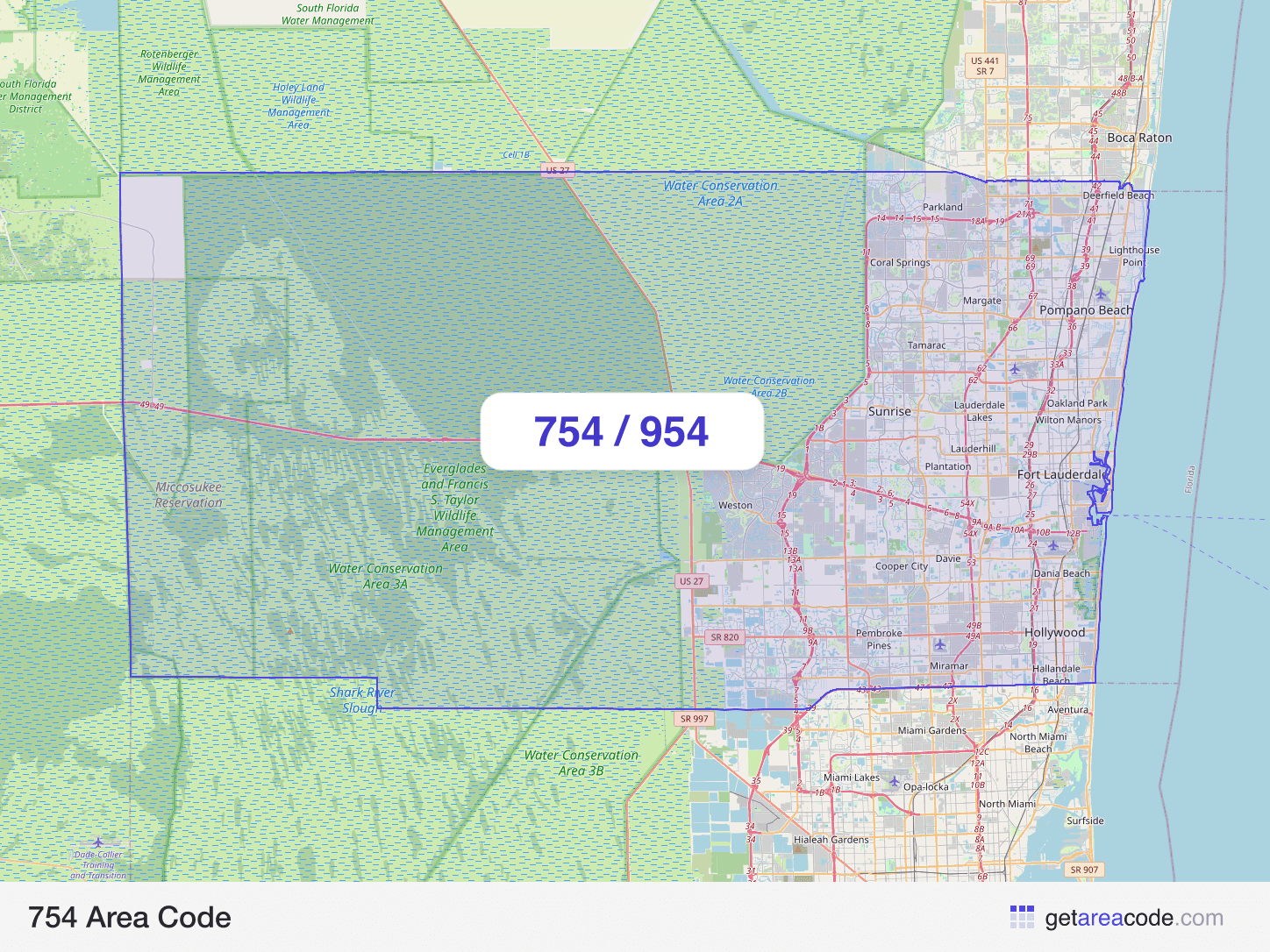 Map of the 754 area code service region around Fort Lauderdale, FL