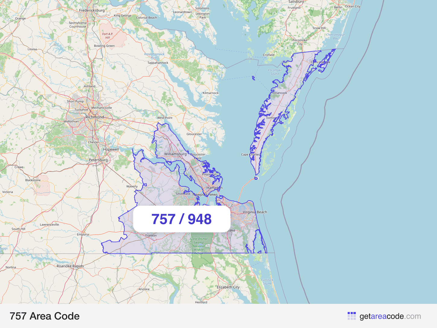 Map of the 757 area code service region around Virginia Beach, VA